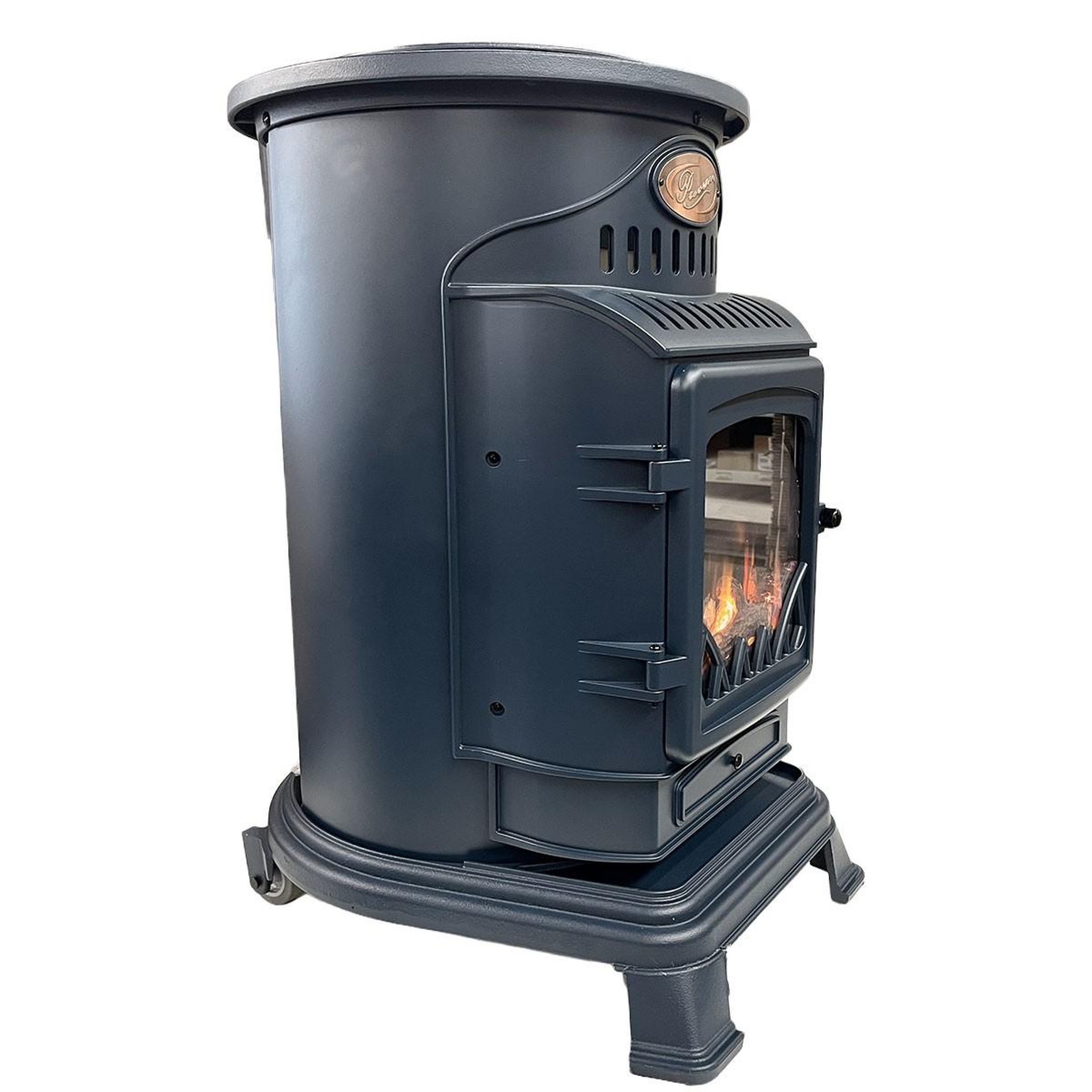 Voir la diapositive 6 : SAHARA Poêle à gaz 3,4kw fonte véritable – chauffage d'appoint design bleu saphir mat - effet feu de bois, sur roues provence sahara