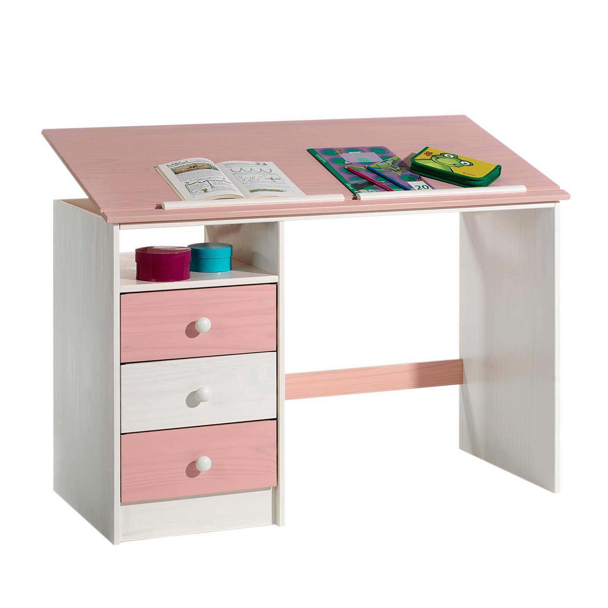 Voir la diapositive 1 : IDIMEX Bureau enfant KEVIN, en pin massif, 3 tiroirs et plateau inclinable