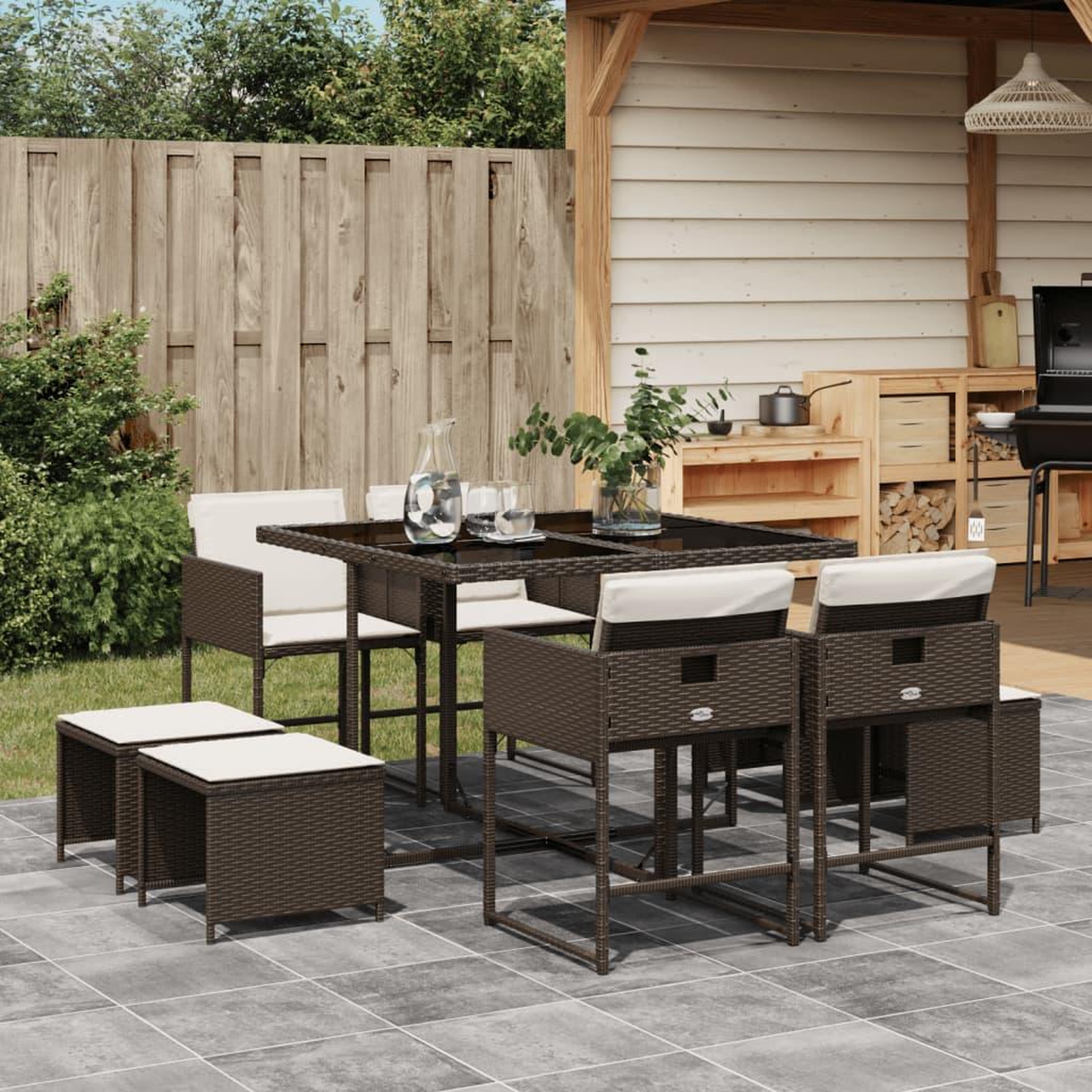 VIDAXL Ensemble a manger de jardin et coussins 9 pcs marron poly rotin