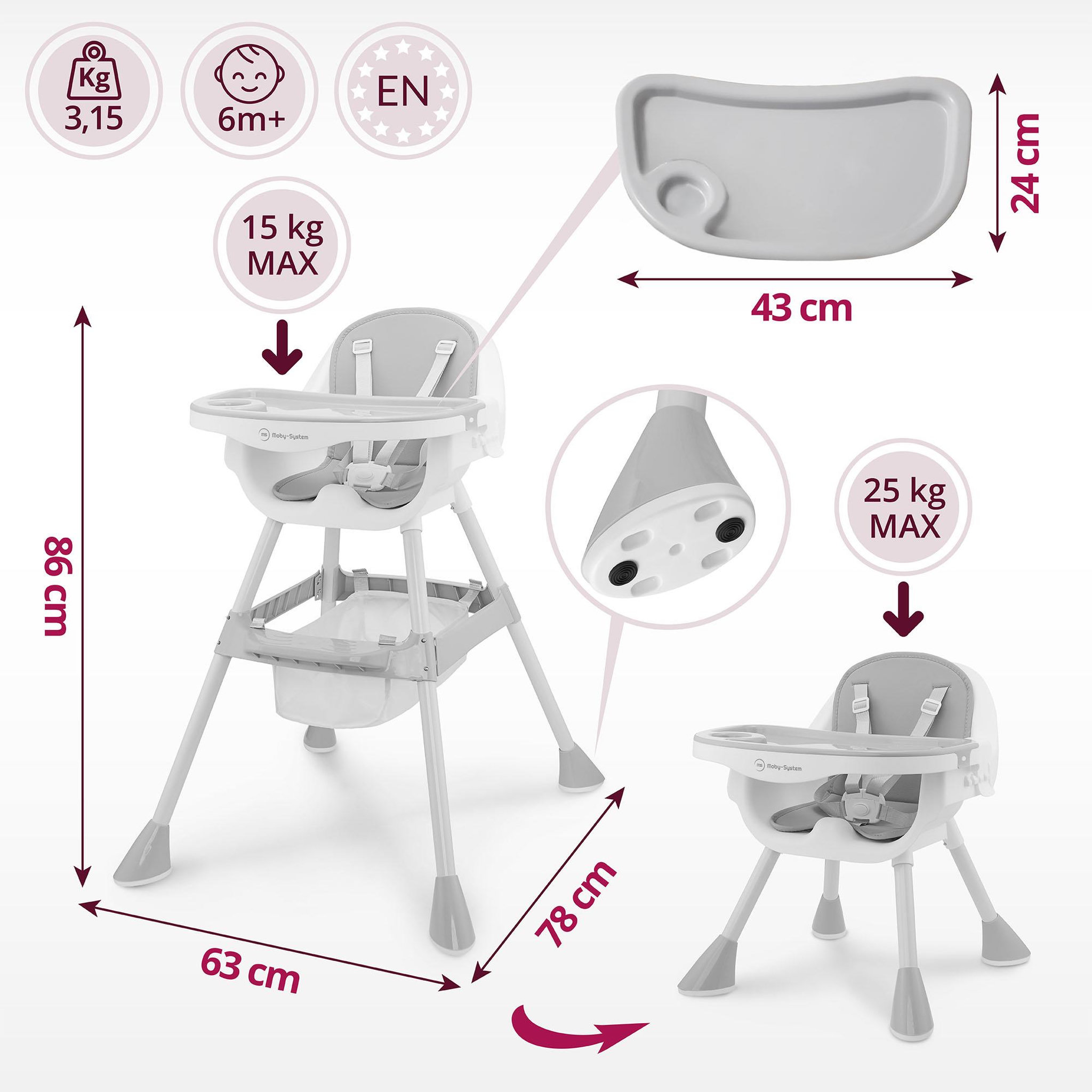 Voir la diapositive 5 : MOBY SYSTEM Chaise Haute Bébé Réglable 2en1 - Moby-System - Magnolia - Plateau Double - Coussin Similicuir