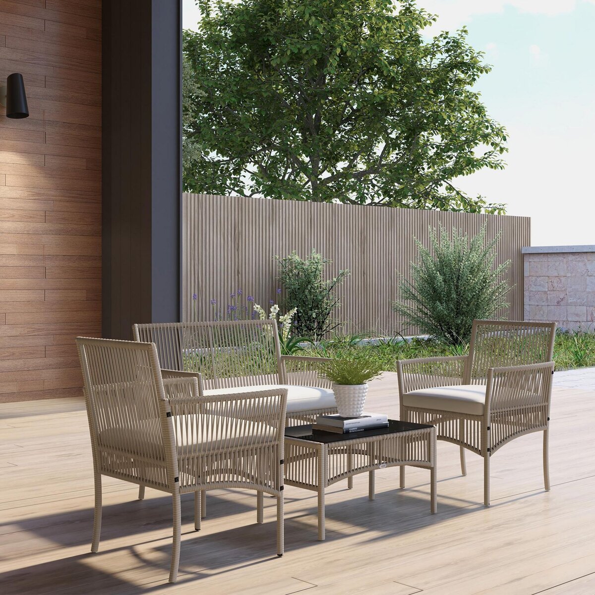 OUTSUNNY Salon de jardin 4 places 4 pièces style colonial table basse coussins inclus résine tressée filée aspect rotin taupe clair