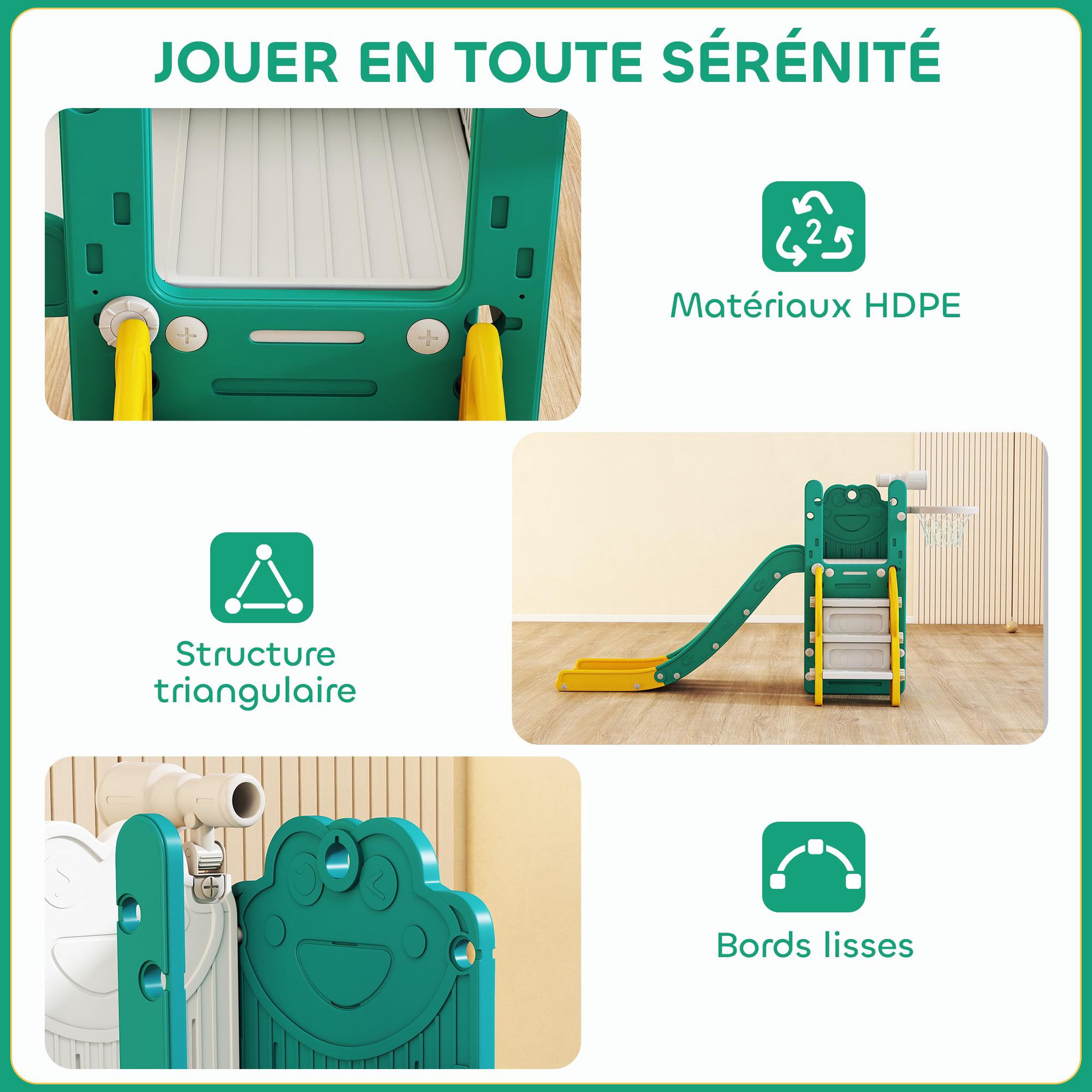 Voir la diapositive 5 : HOMCOM Toboggan enfant design grenouille - panier de basket-ball intégré - ballon, pompe inclus - HDPE blanc jaune turquoise