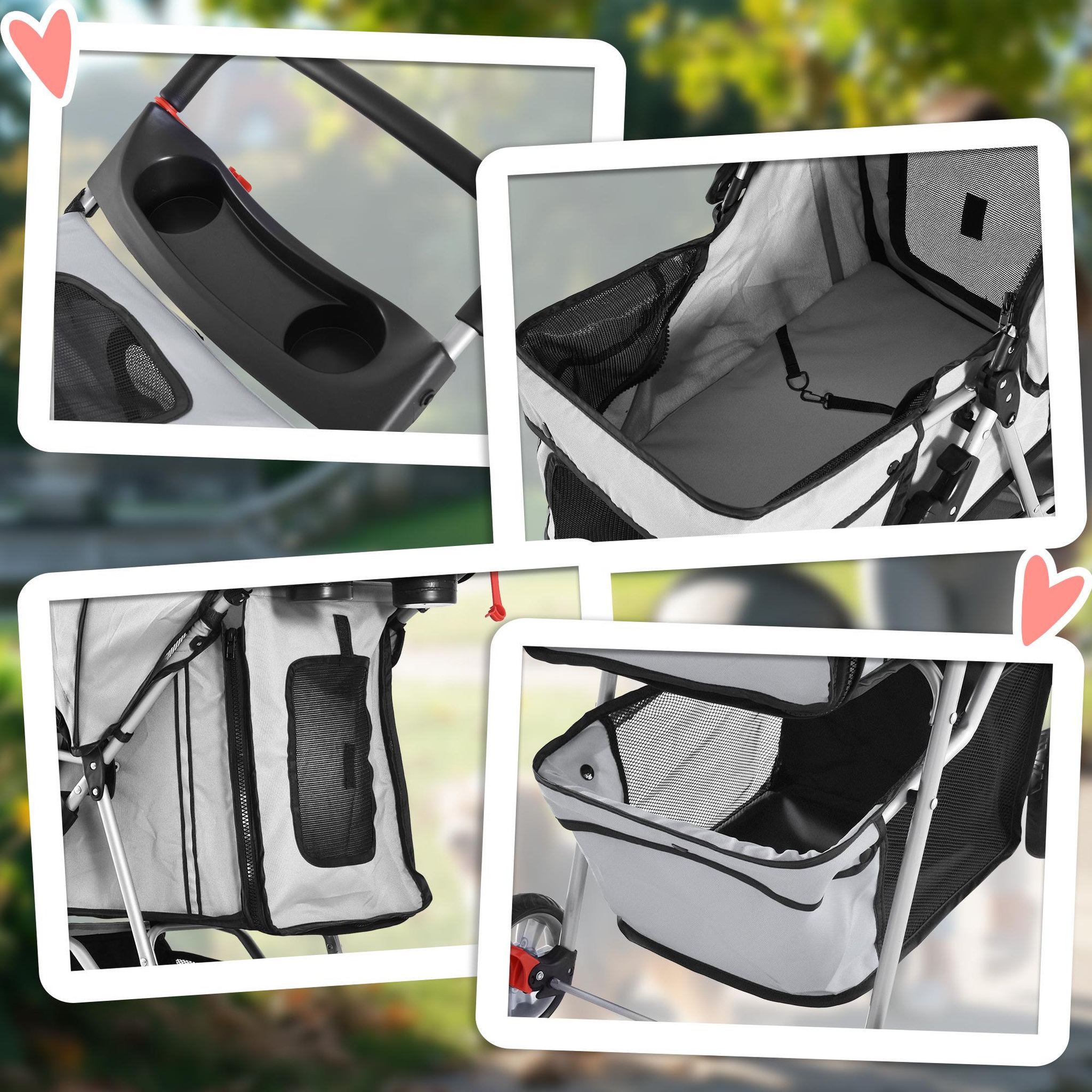 Voir la diapositive 5 : PAWHUT Poussette buggy pliable animaux chariot pliant chien chat porte-gobelet panier de rangement inclus roues avec frein tissu 600d oxford métal gris