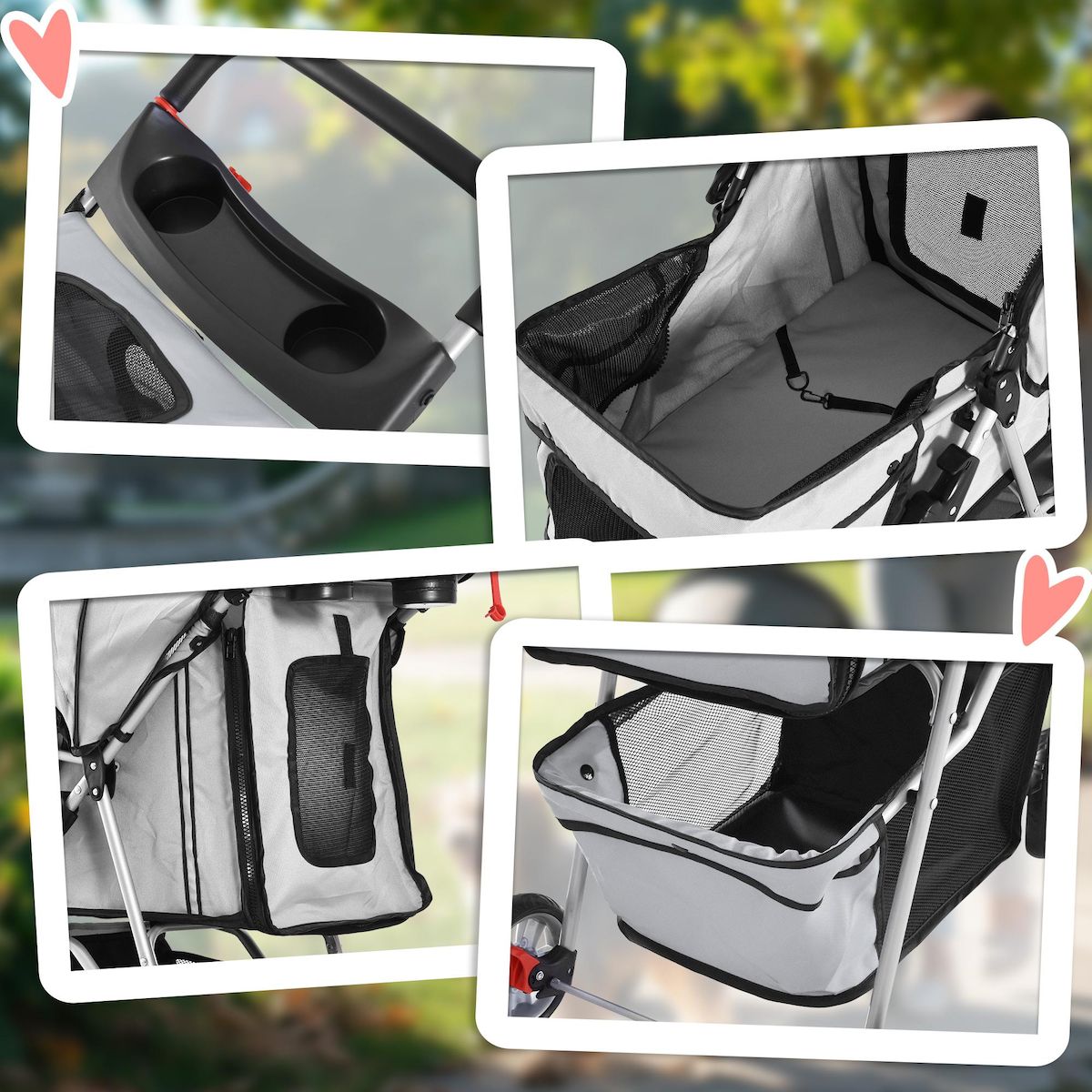 PAWHUT Poussette buggy pliable animaux chariot pliant chien chat porte-gobelet panier de rangement inclus roues avec frein tissu 600D Oxford métal gris