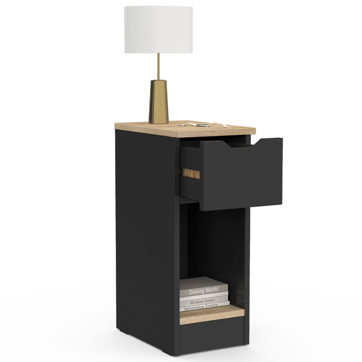 ID MARKET Lot de 2 tables de chevet ANOUK 1 tiroir avec niche noir et bois