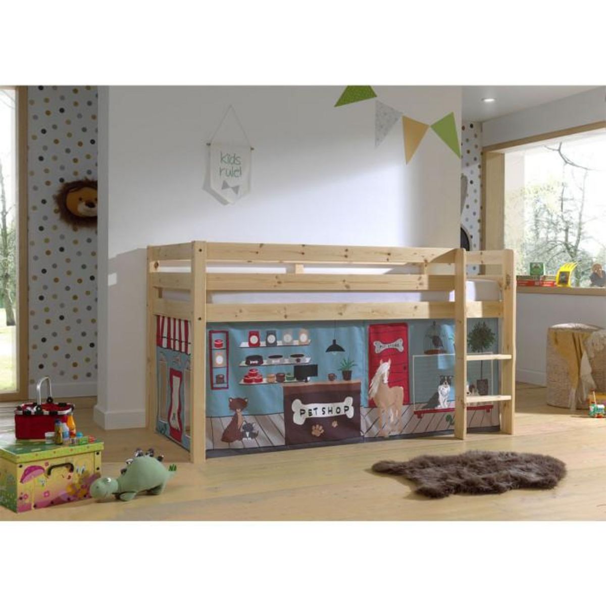 Paris Prix Lit Enfant Surélevé  Pino Pet Shop  90x200cm Naturel