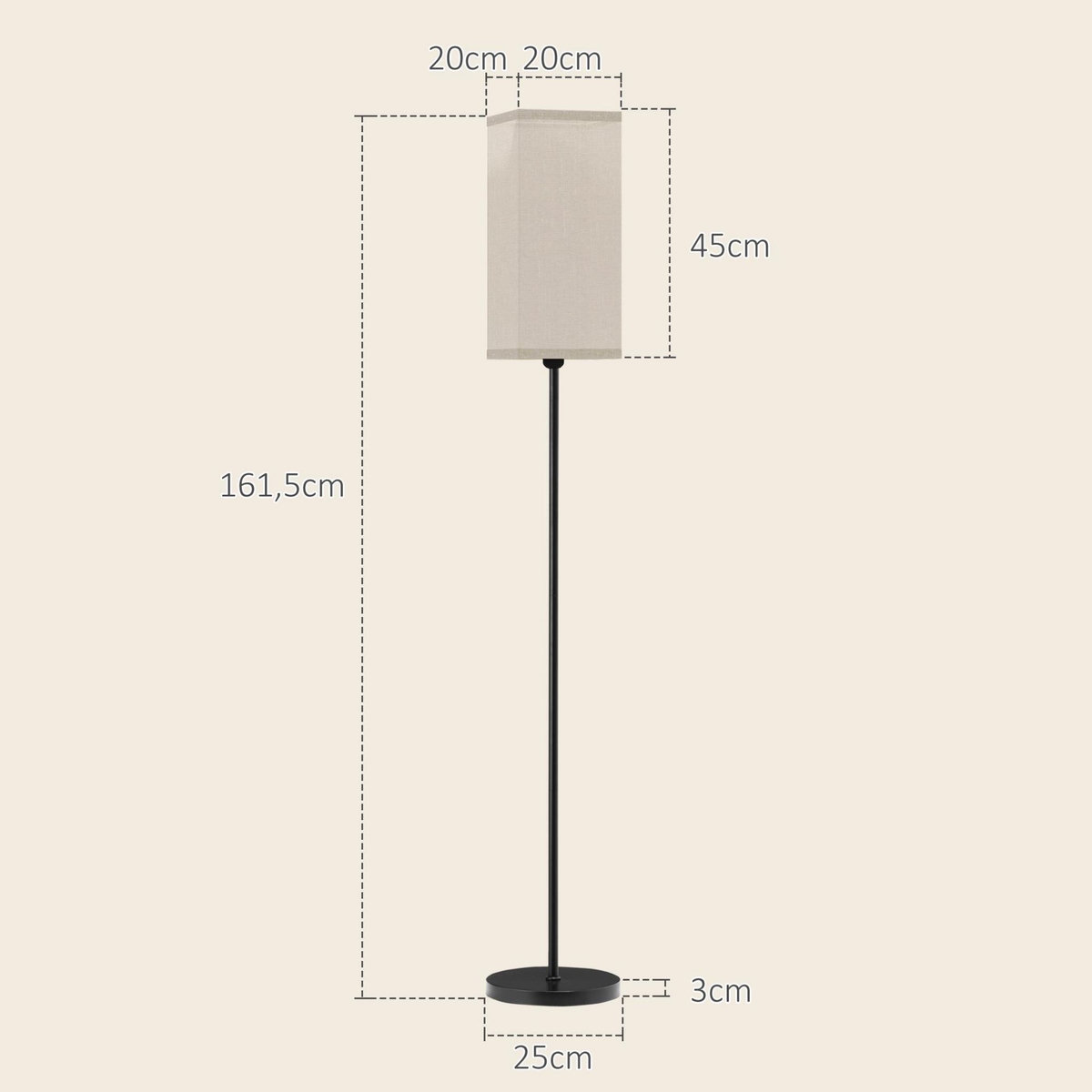 HOMCOM Lampadaire droit style contemporain H.161 cm métal noir abat-jour beige effet lin