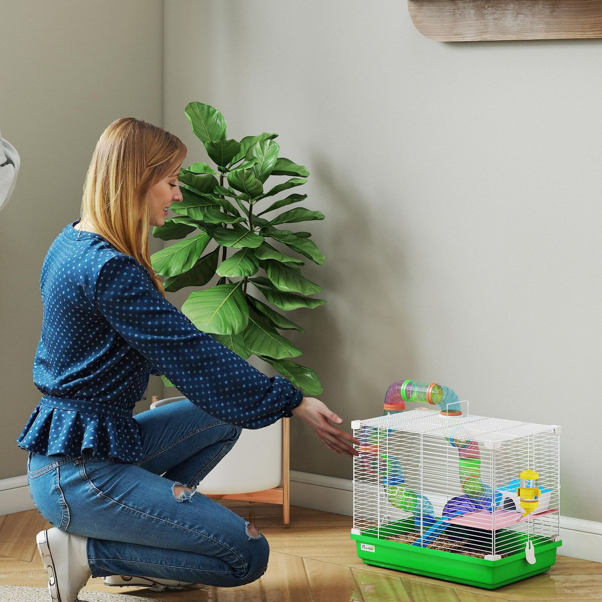 PAWHUT Cage à hamster 2 niveaux avec poignée - avec tunnel, biberon eau, roue, maisonnette, échelles - vert