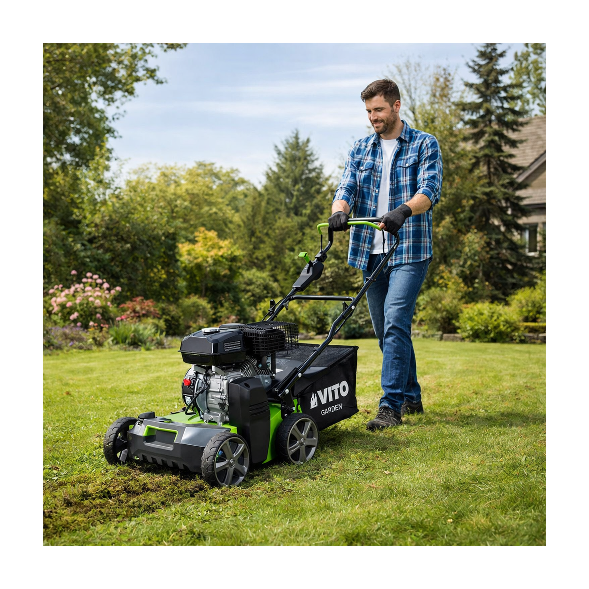 Voir la diapositive 3 : VITO Scarificateur thermique 5,4 cv – scarificateur & démousseur pelouse 2000 m2, largeur 40cm, réglable, bac 45l vito