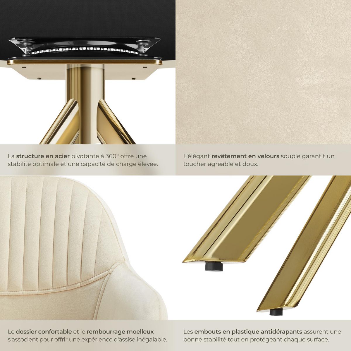 tectake Chaise pivotante en velours rembourrée crème/or Lot de 4