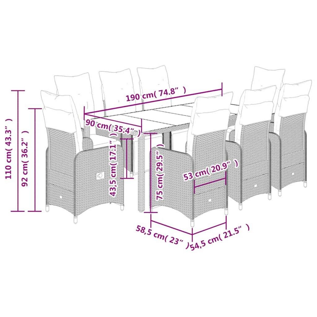 VIDAXL Ensemble de bistro de jardin 9 pcs coussins gris poly rotin