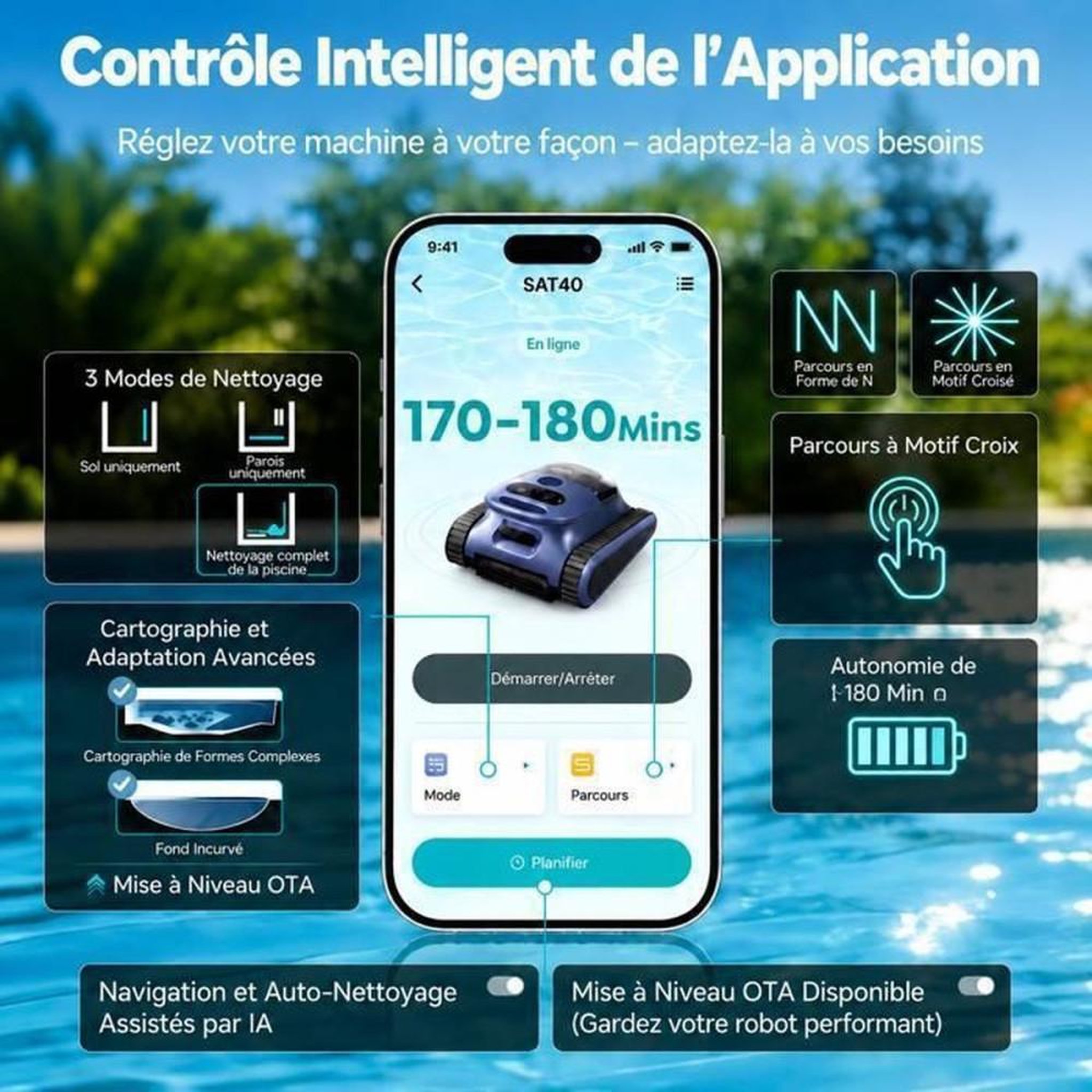 Voir la diapositive 2 : Nettoyeur de piscine robot sans fil, sols parois et marches, commande via appli, 180 min d'autonomie, jusqu'à 200 m²