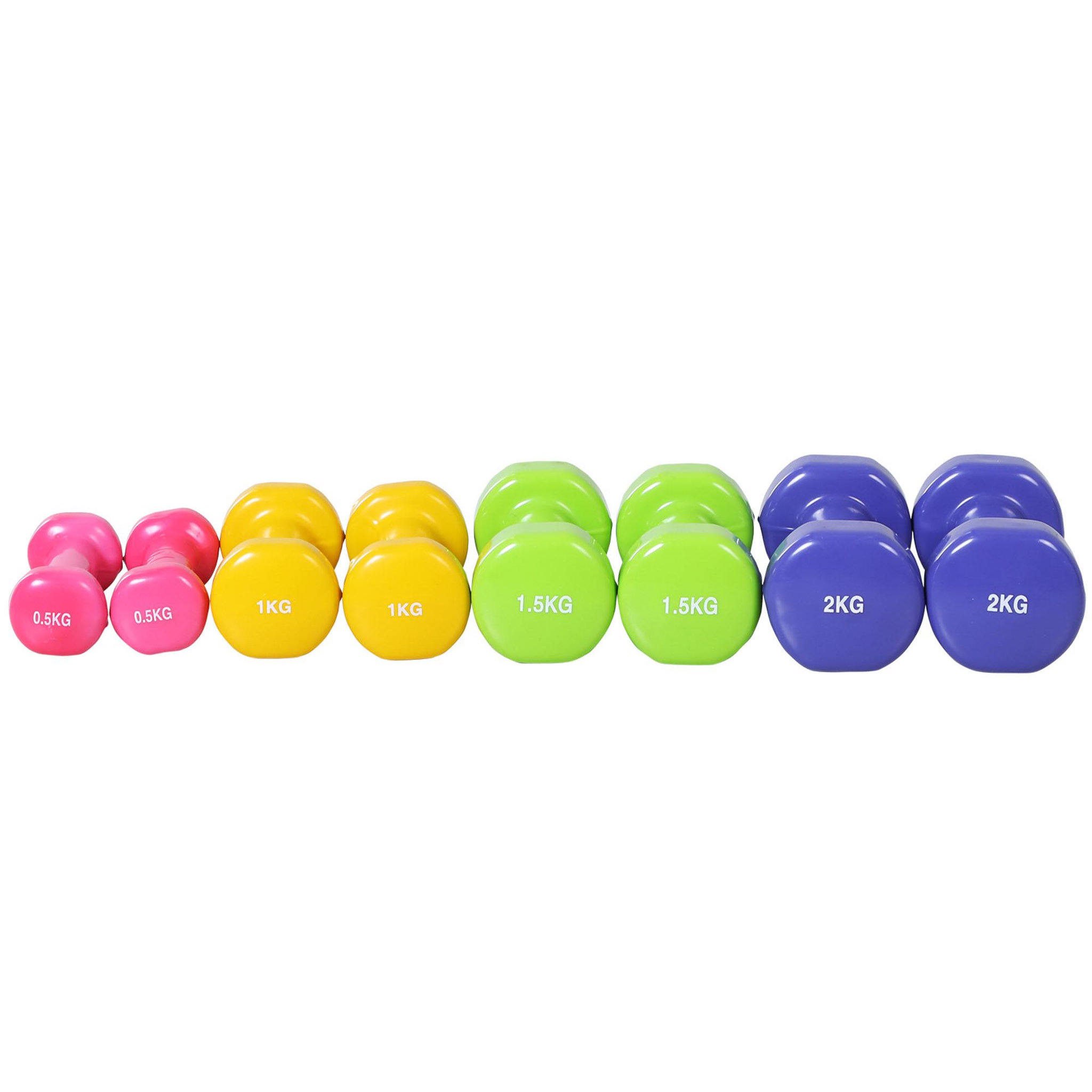 HOMCOM Ensemble d'haltères courtes total 10 kg - paires de 0,5/1/1,5/2 kg avec malette - entraînement musculaire & haltérophilie - métal pu multicolore