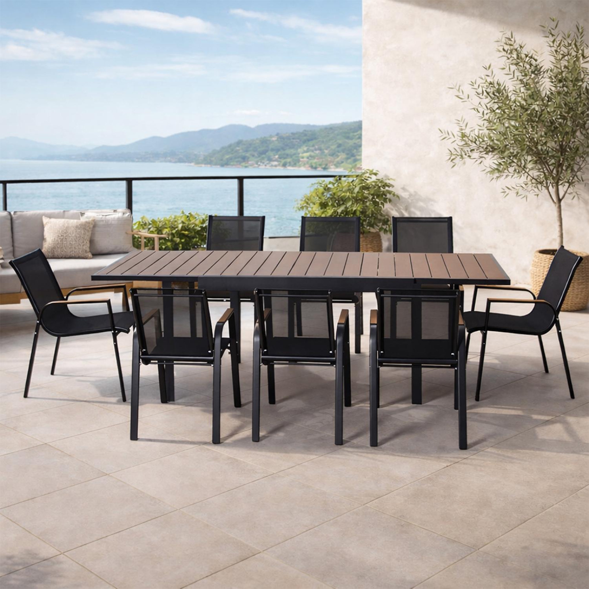 Voir la diapositive 5 : CONCEPT USINE Salon de jardin 8 places avec table extensible 270cm en aluminium et bois LOBOC