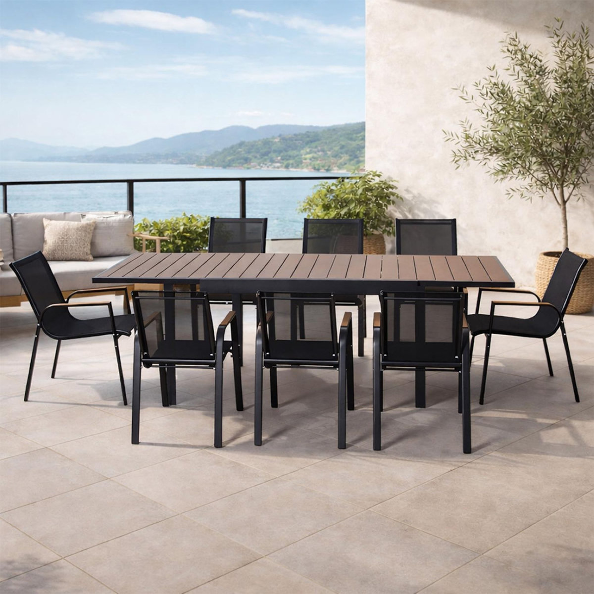 CONCEPT USINE Salon de jardin 8 places avec table extensible 270cm en aluminium et bois LOBOC