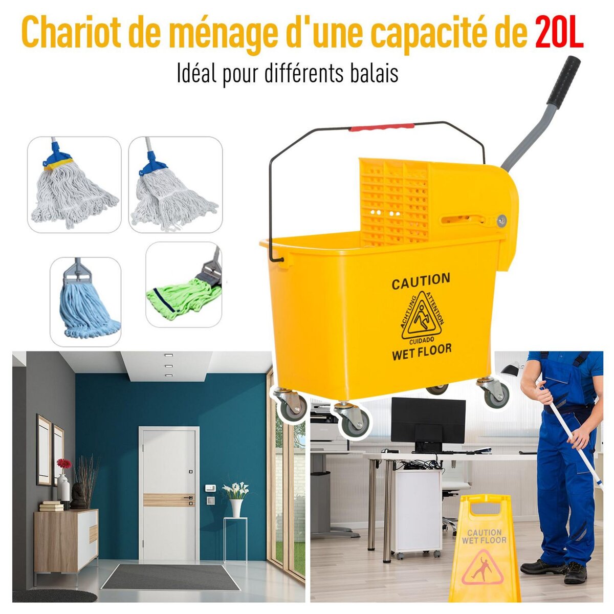 HOMCOM Chariot de nettoyage lavage seau de ménage 20 L avec essoreur et séparateur eau sale propre jaune