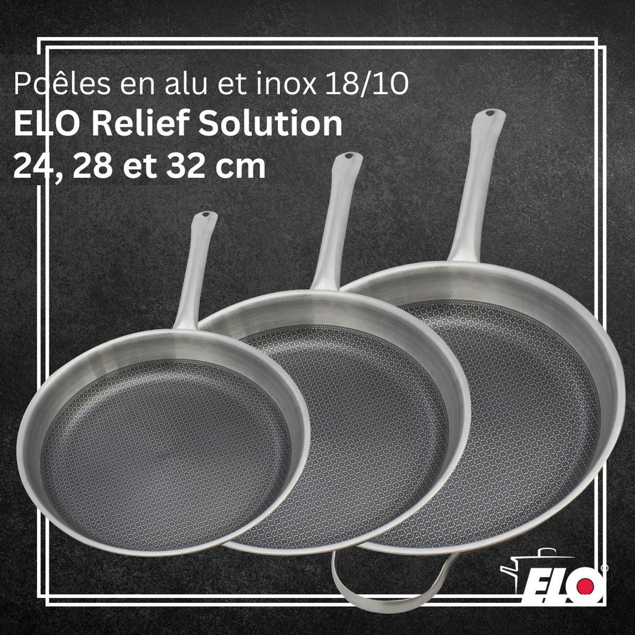 Voir la diapositive 2 : ELO Set de 3 poêles de cuisson 24/28/32 cm en acier inoxydable avec 3 ustensiles de cuisson sans pfas elo relief solution