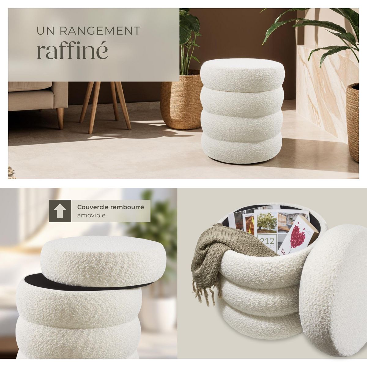 tectake Tabouret avec espace de rangement rond Bouclé crème/ blanc