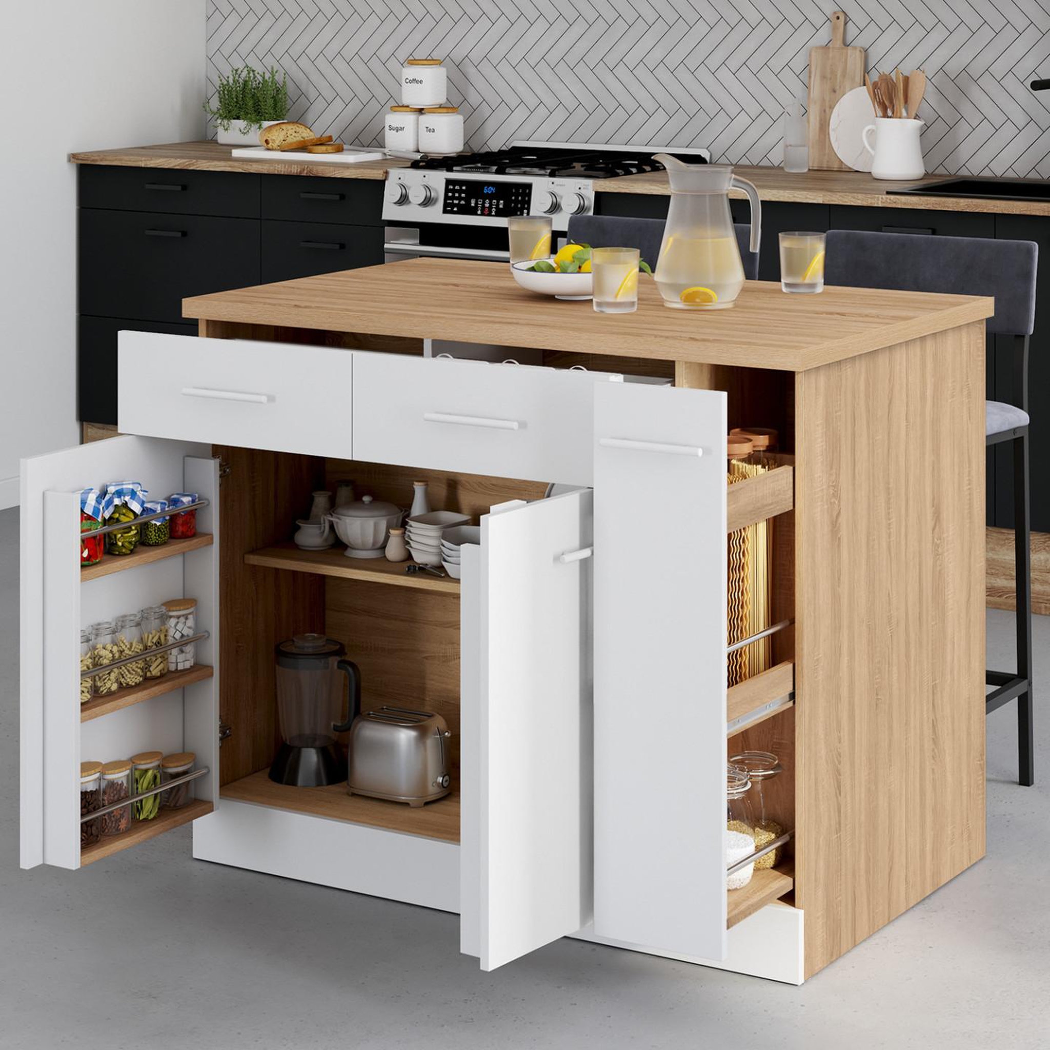Voir la diapositive 2 : ID MARKET Ilot central alto portes avec rangements, tiroirs, rangement coulissant et plan de travail façon hêtre et blanc