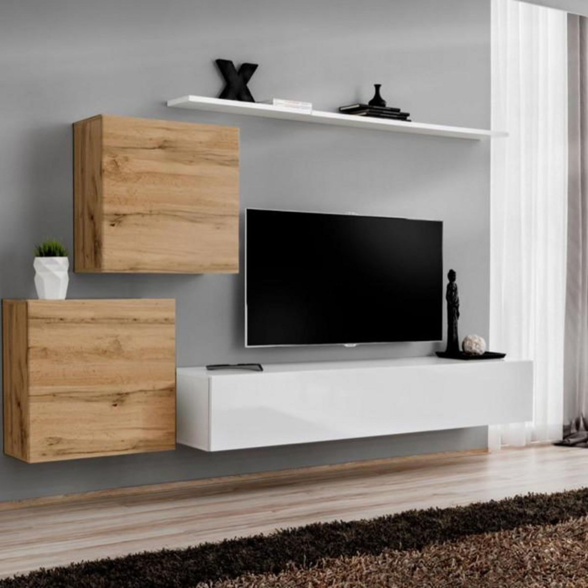 Paris Prix Meuble TV Mural Design  Switch V  250cm Naturel & Blanc
