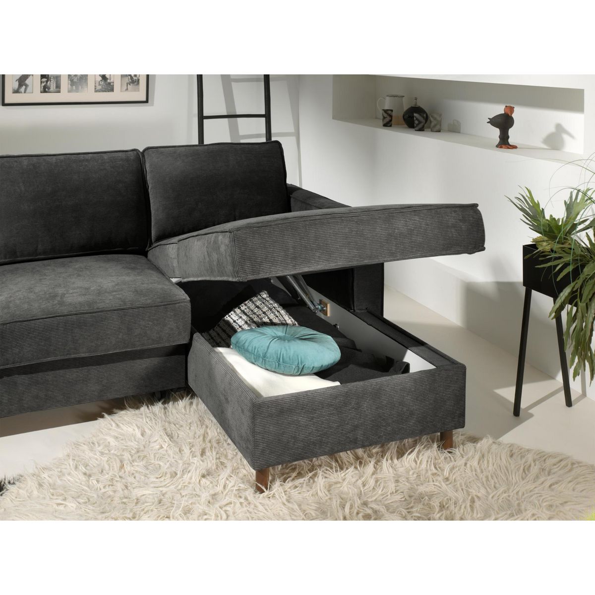 LISA DESIGN Jake - canapé d'angle droit - convertible avec coffre - 4 places - en velours côtelé