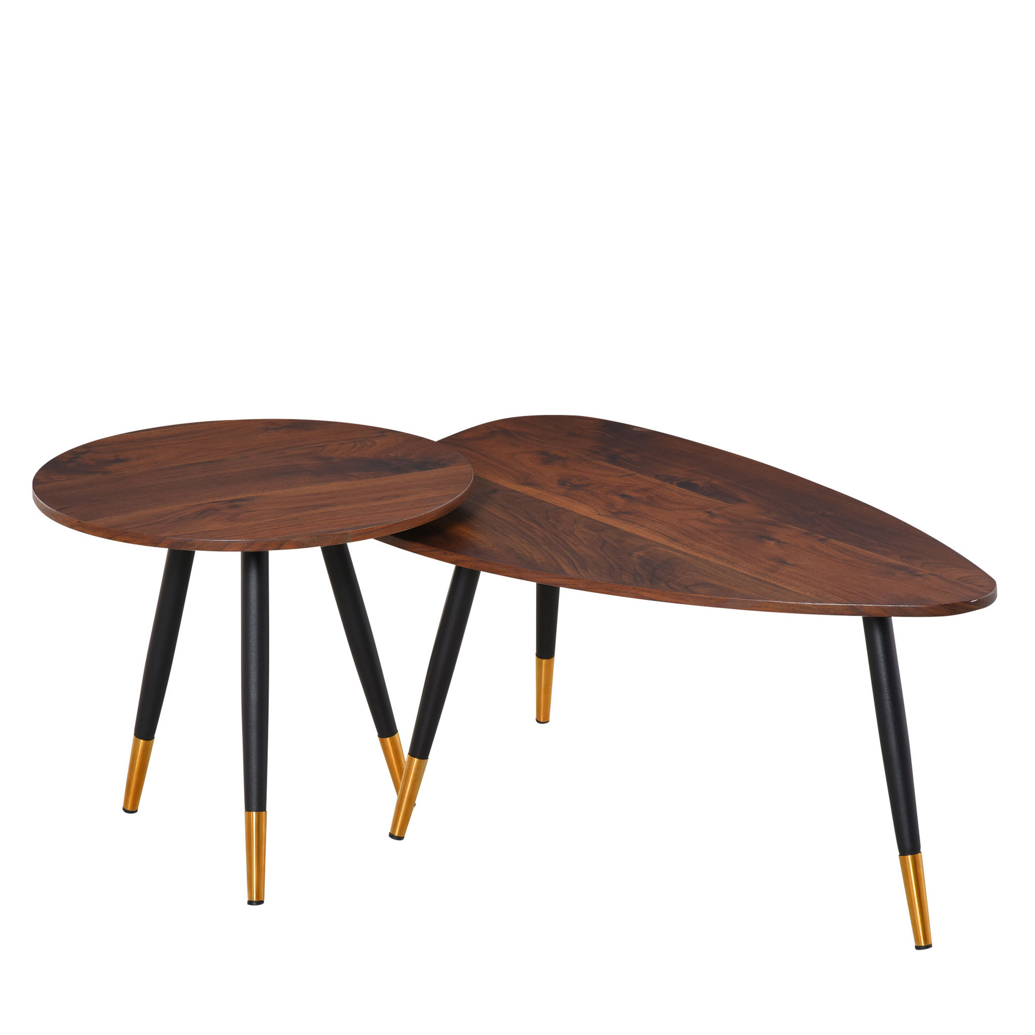Voir la diapositive 1 : HOMCOM Lot de 2 tables basses gigognes style art déco pieds effilés inclinés métal noir extrémités doré plateaux MDF aspect teck foncé