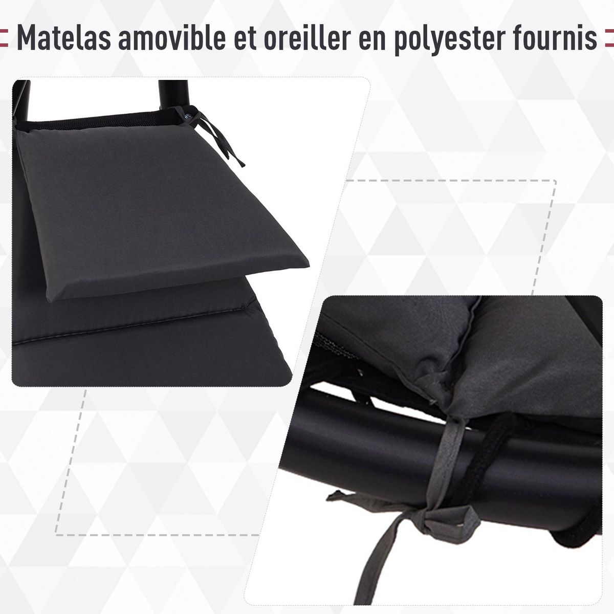 OUTSUNNY Bain de soleil transat suspendu avec pare-soleil et matelas design contemporain 190L x 115l x 190H cm acier polyester gris foncé noir