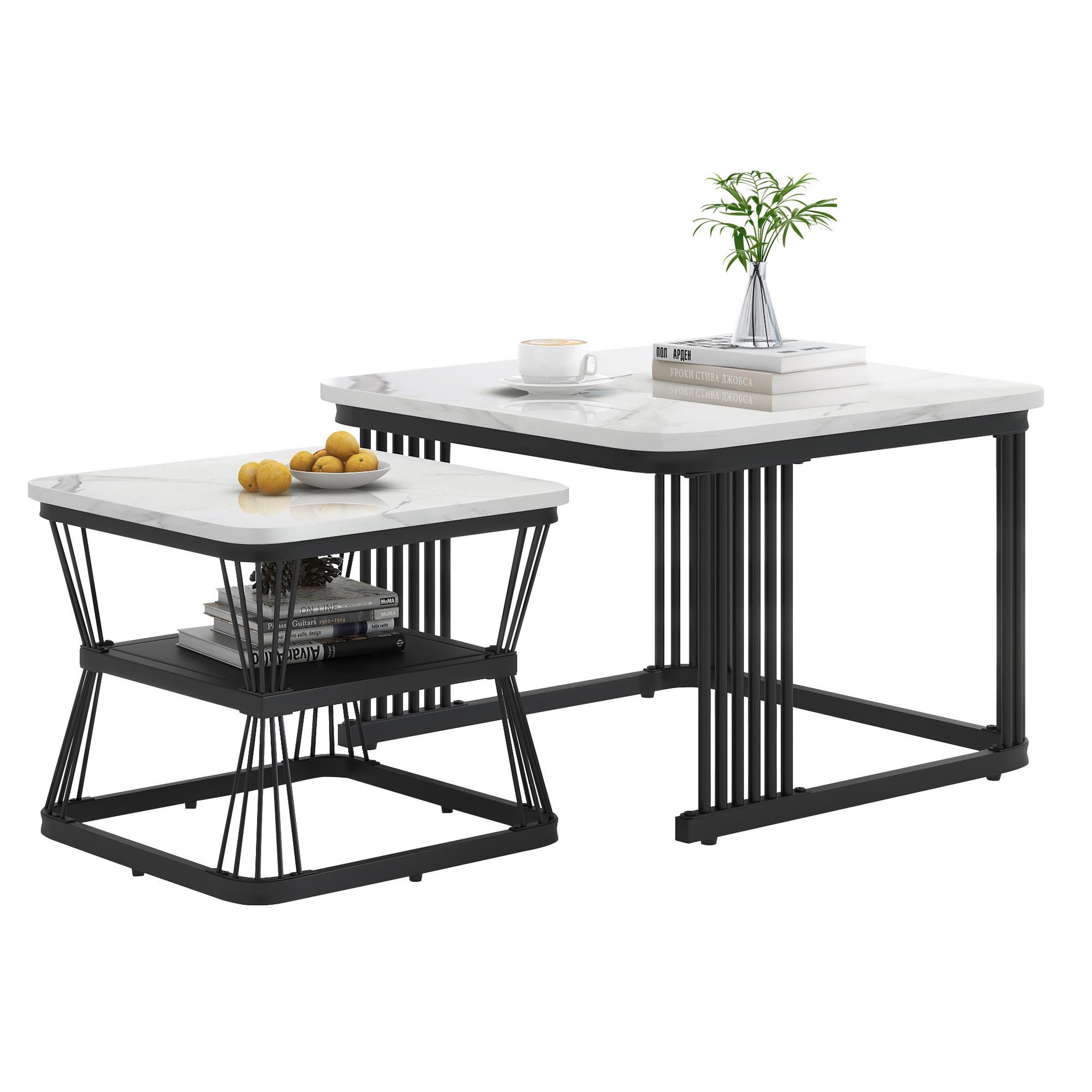 MERAX Table basse gigogne rectangulaire blanc+noir - 65x65 cm mdf