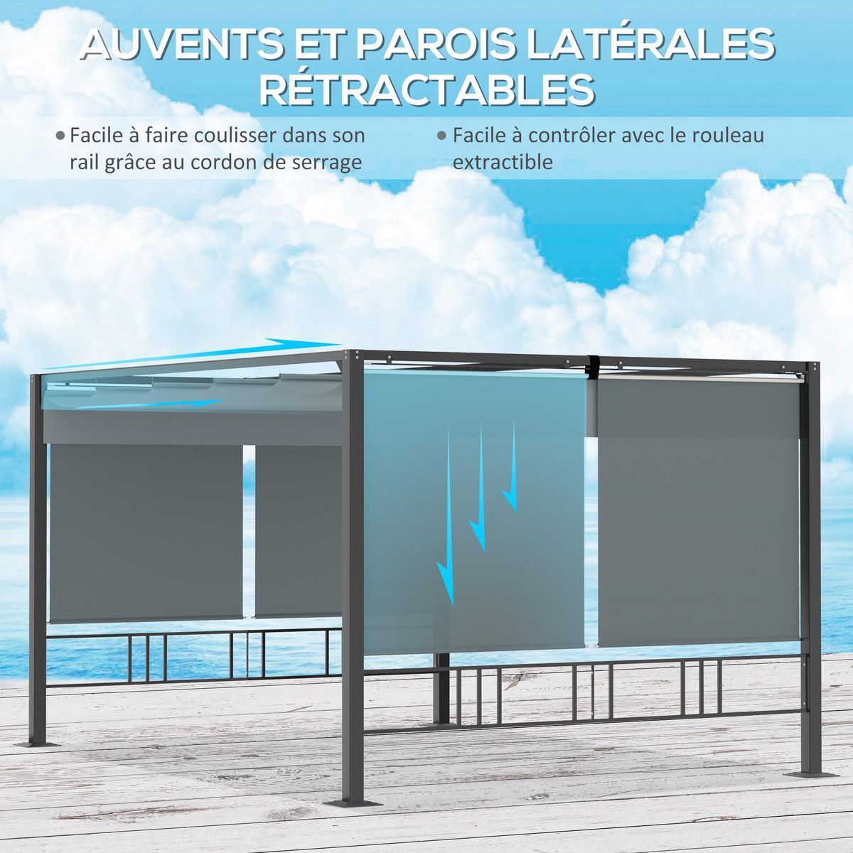 OUTSUNNY Pergola rétractable 3,9L x 2,9l x 2,2H m structure alu. acier époxy noir double toile polyester haute densité gris