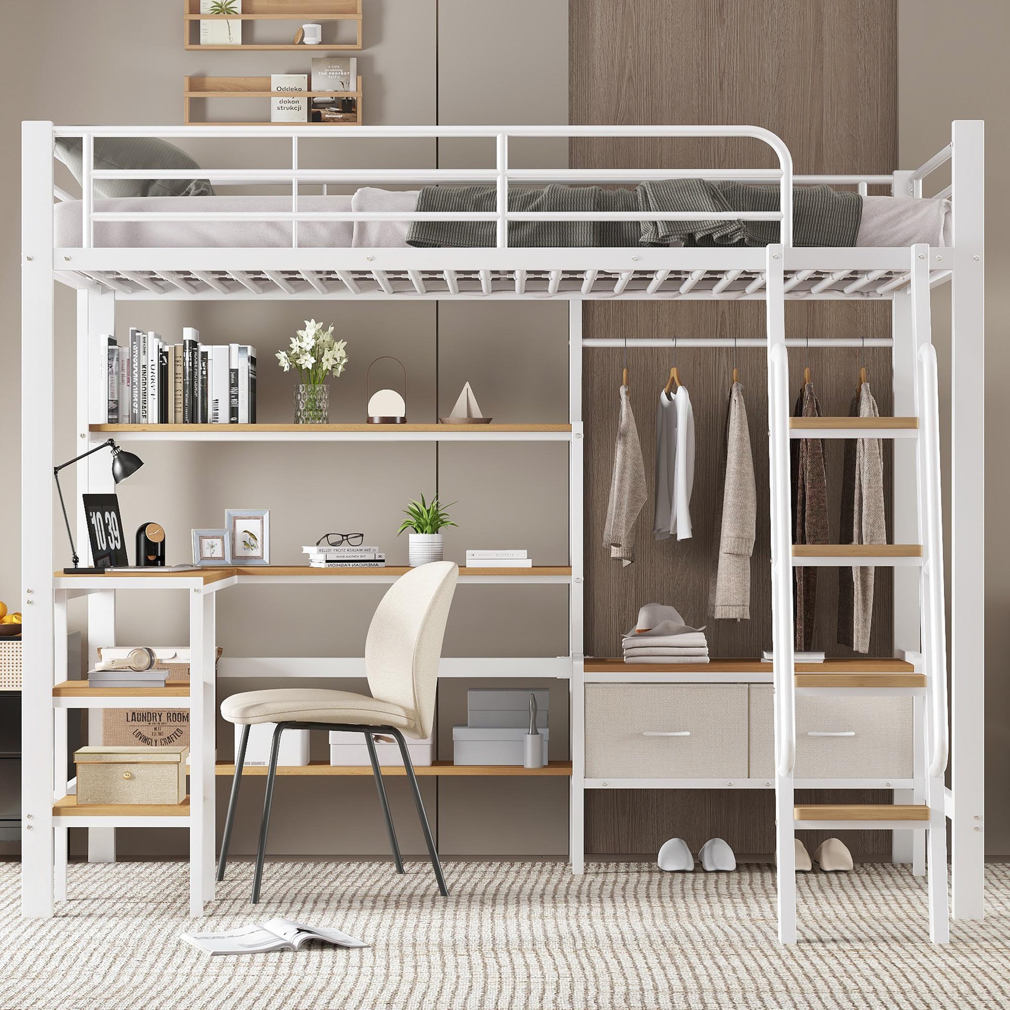 Voir la diapositive 2 : MERAX Lit mezzanine 90x200 cm avec bureau rangement étagère et échelle inclinée en métal blanc