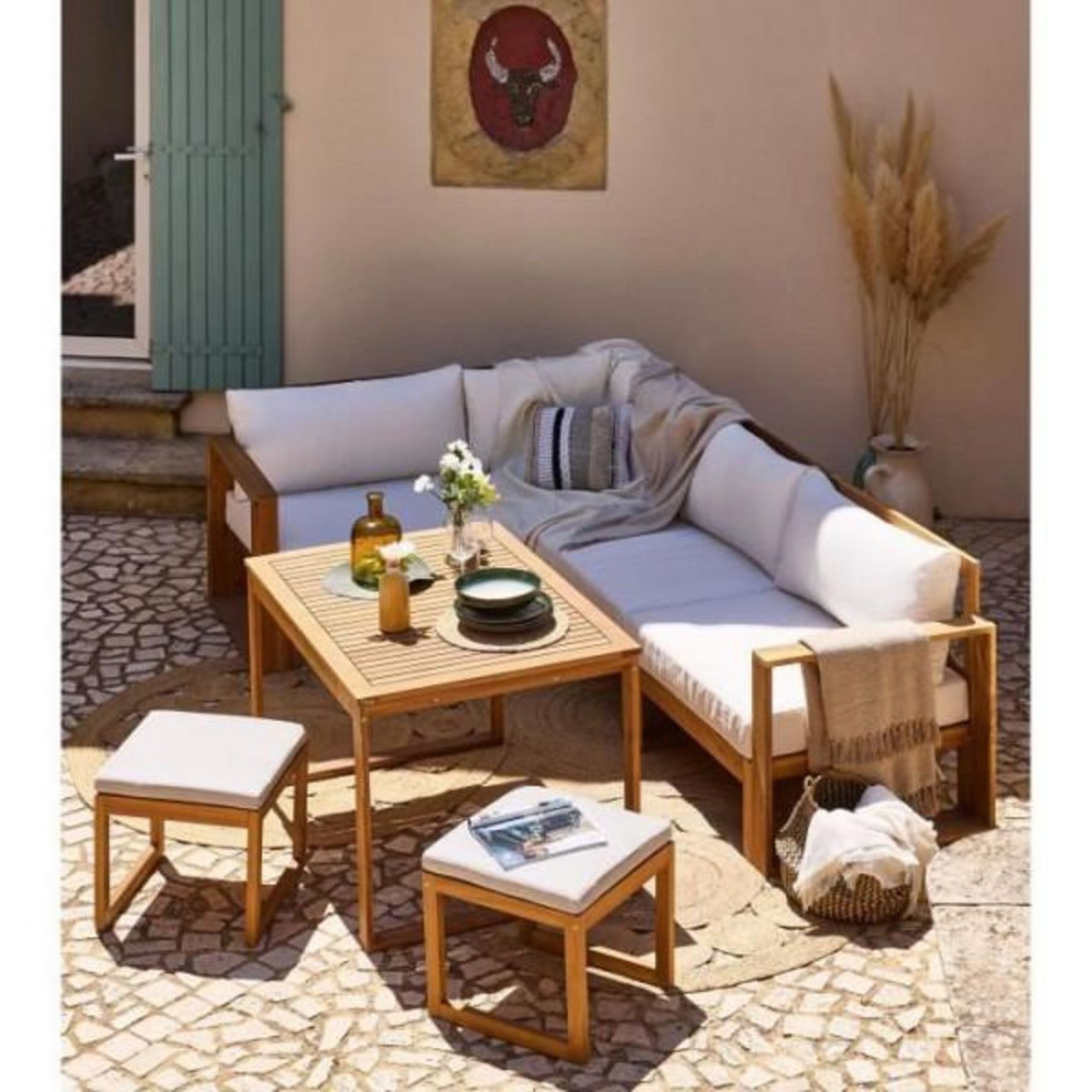 BOCARNEA Salon de jardin d'angle modulable - Bois d'acacia - 6 personnes - LEVATA DINING - Blanc cassé + Housse