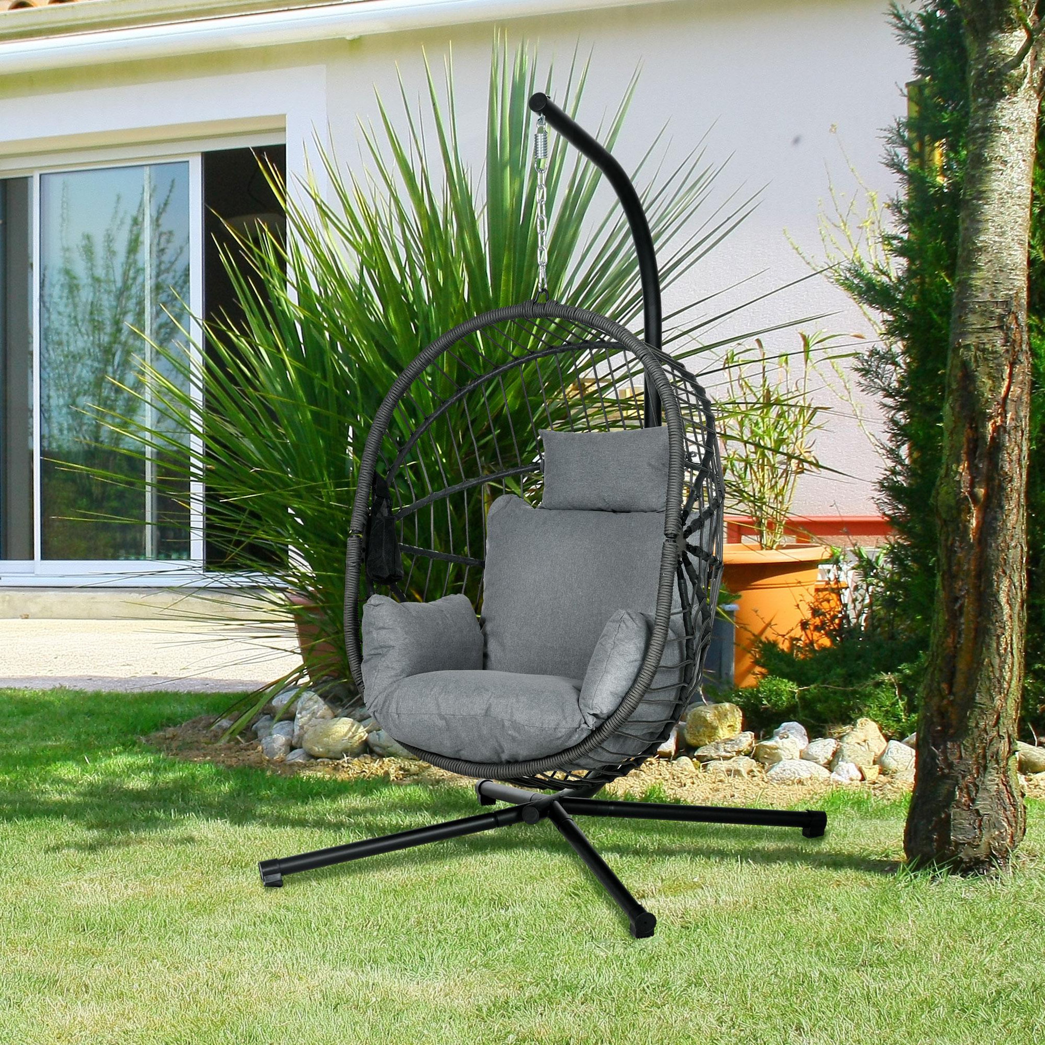 Voir la diapositive 2 : OUTSUNNY Fauteuil suspendu pliable - fauteuil de jardin suspendu avec coussin - acier noir cordage PP gris