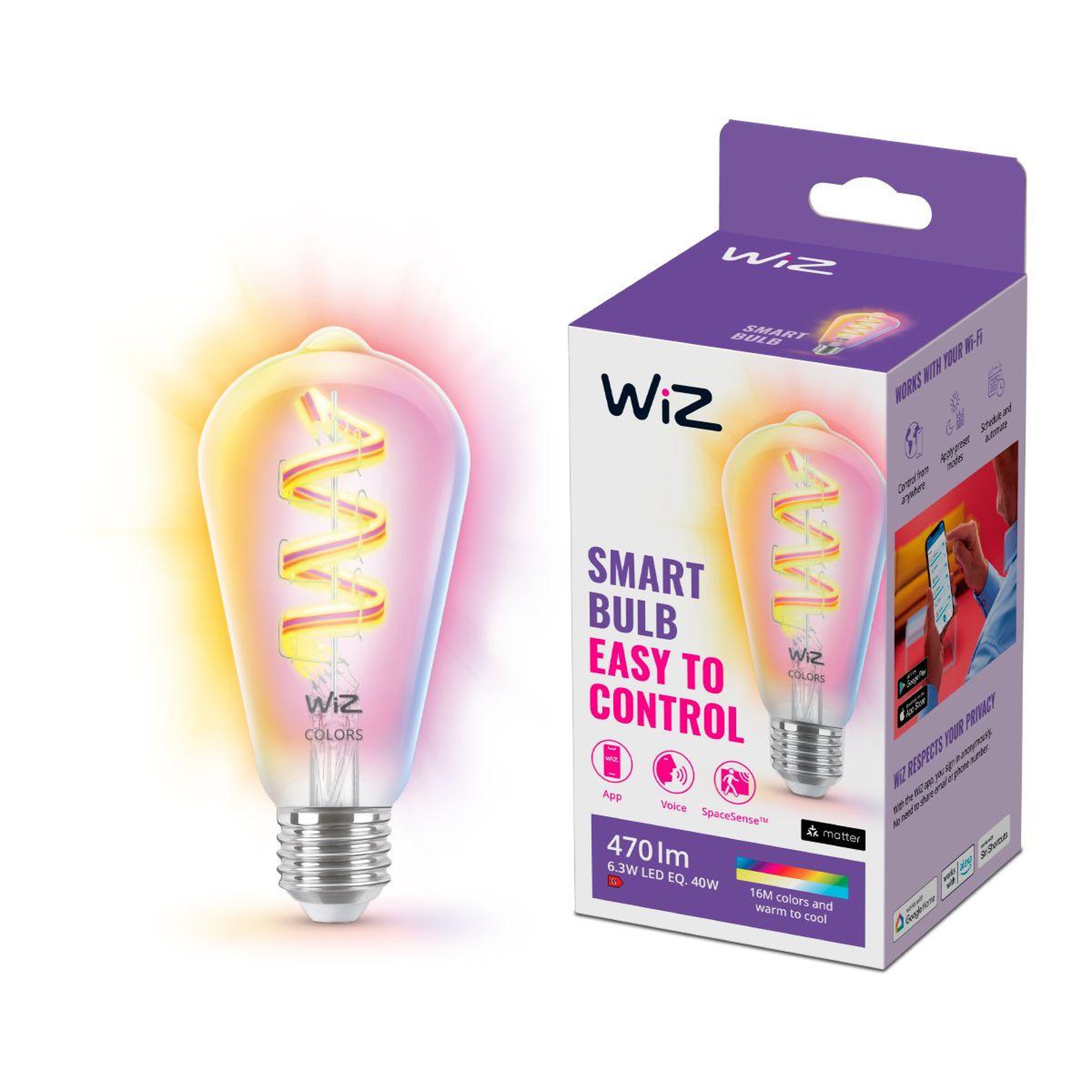 Voir la diapositive 4 : WIZ Ampoule LED connectée Couleur E27 Filament Edison 40W