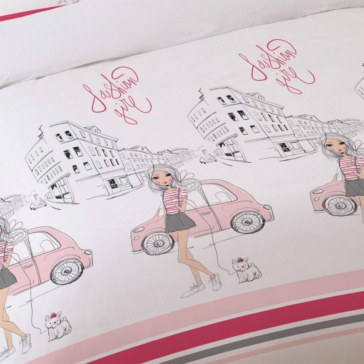 Dourev Housse de couette 200x200 Fashion girl + 2 taies coton 52 fils