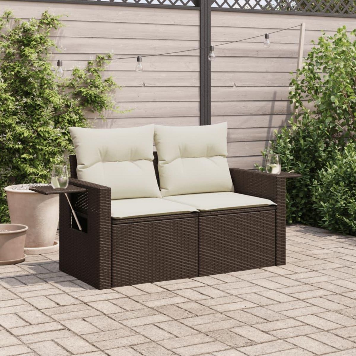 VIDAXL Canape de jardin avec coussins 2 places marron resine tressee