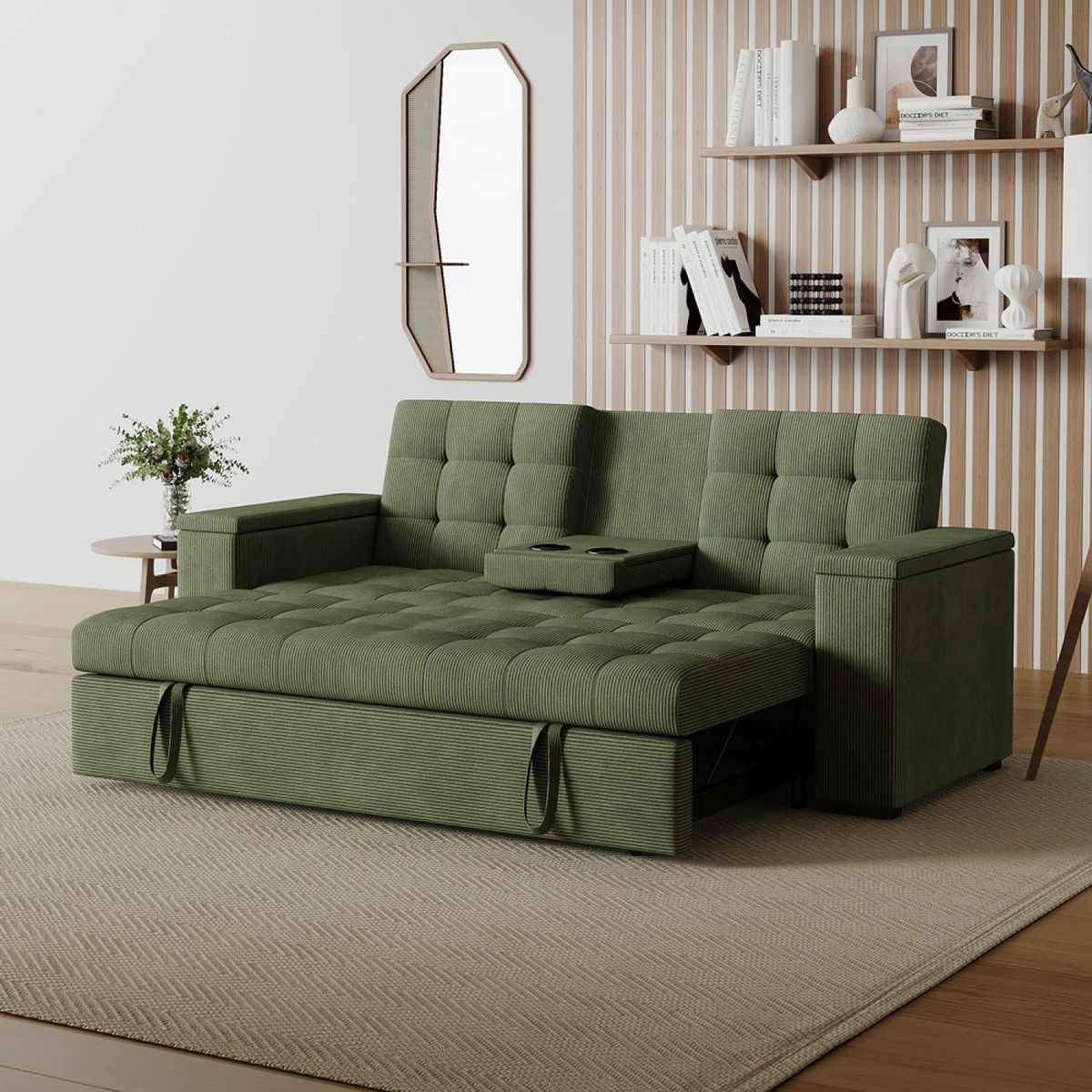 CONCEPT USINE Canapé 3 places convertible vert velours côtelé NOHO