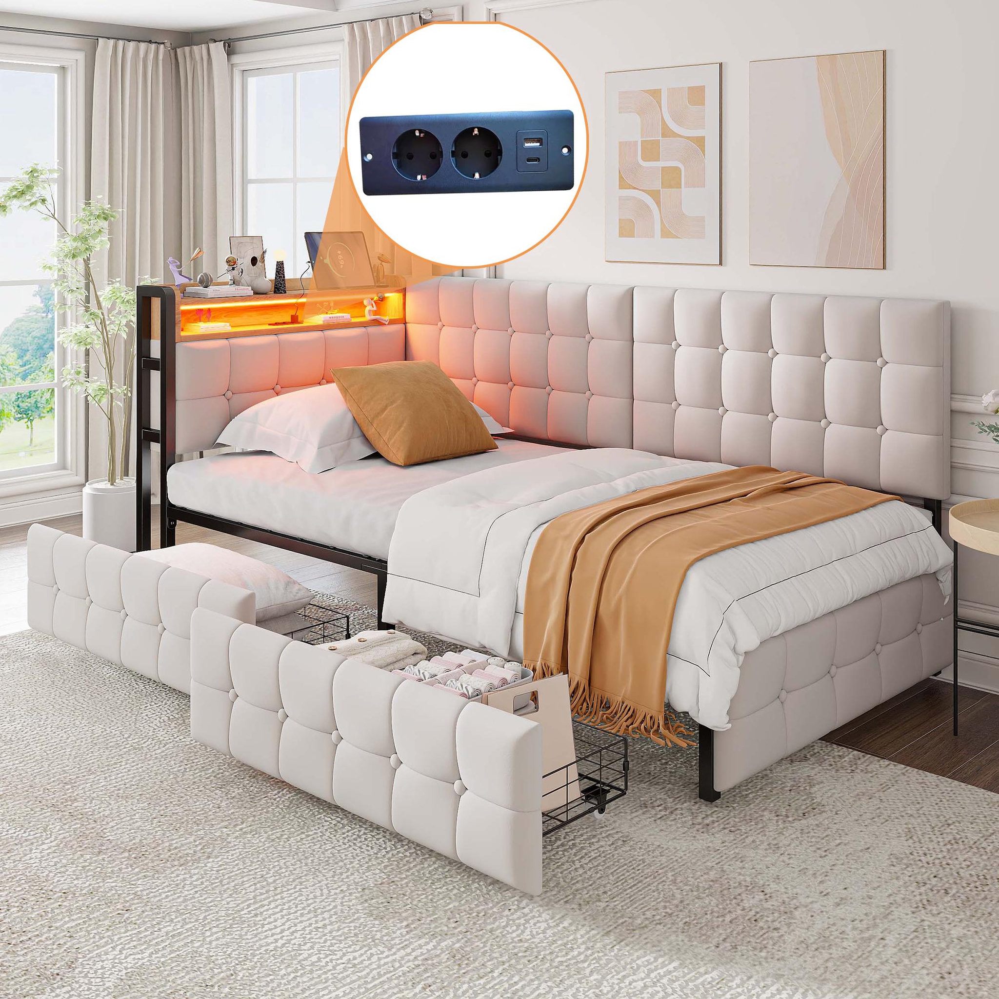 Voir la diapositive 2 : MERAX Lit avec rangement rembourré 90x200cm