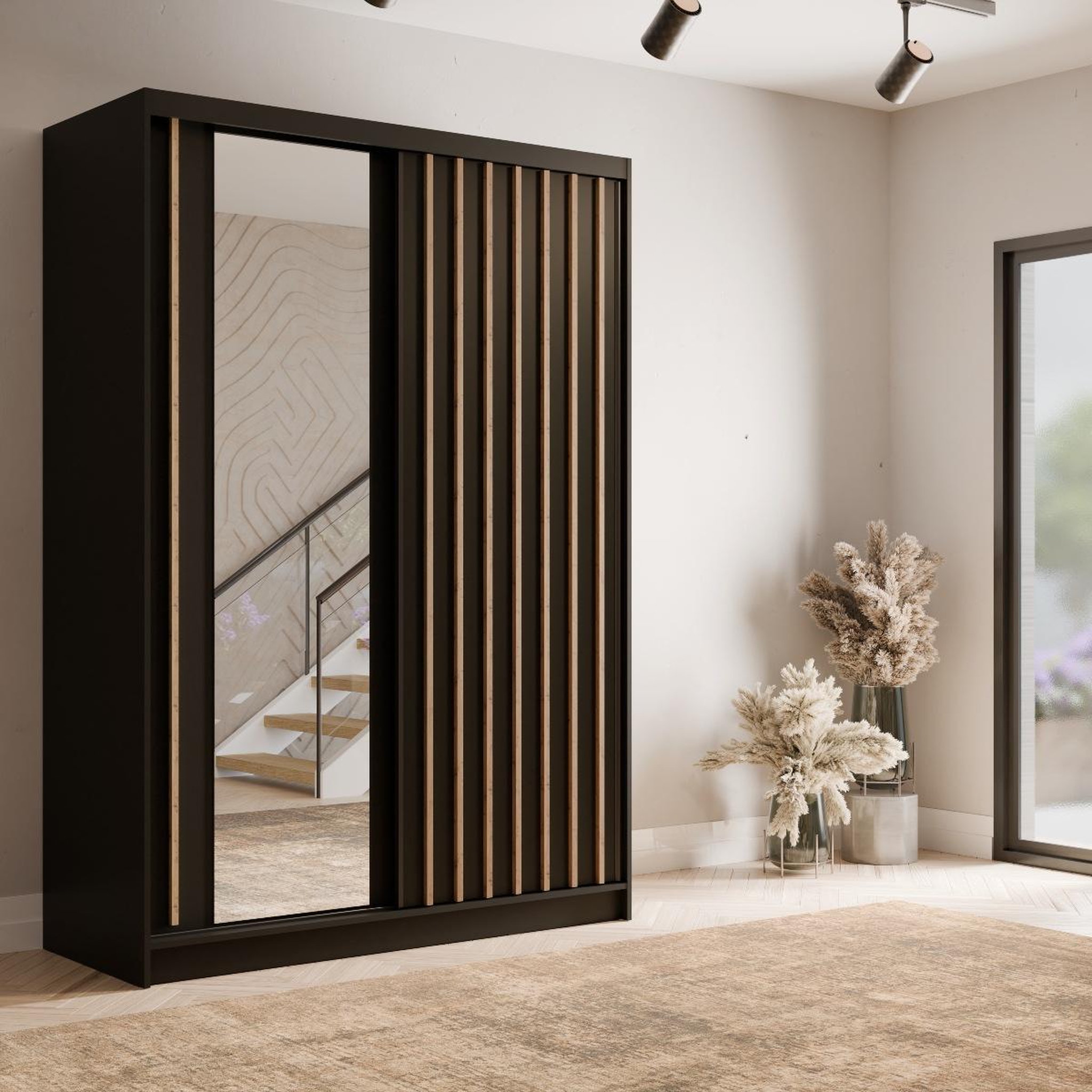 Voir la diapositive 2 : JLC KREATION Armoire dressing moderne noir et bois 155cm celia