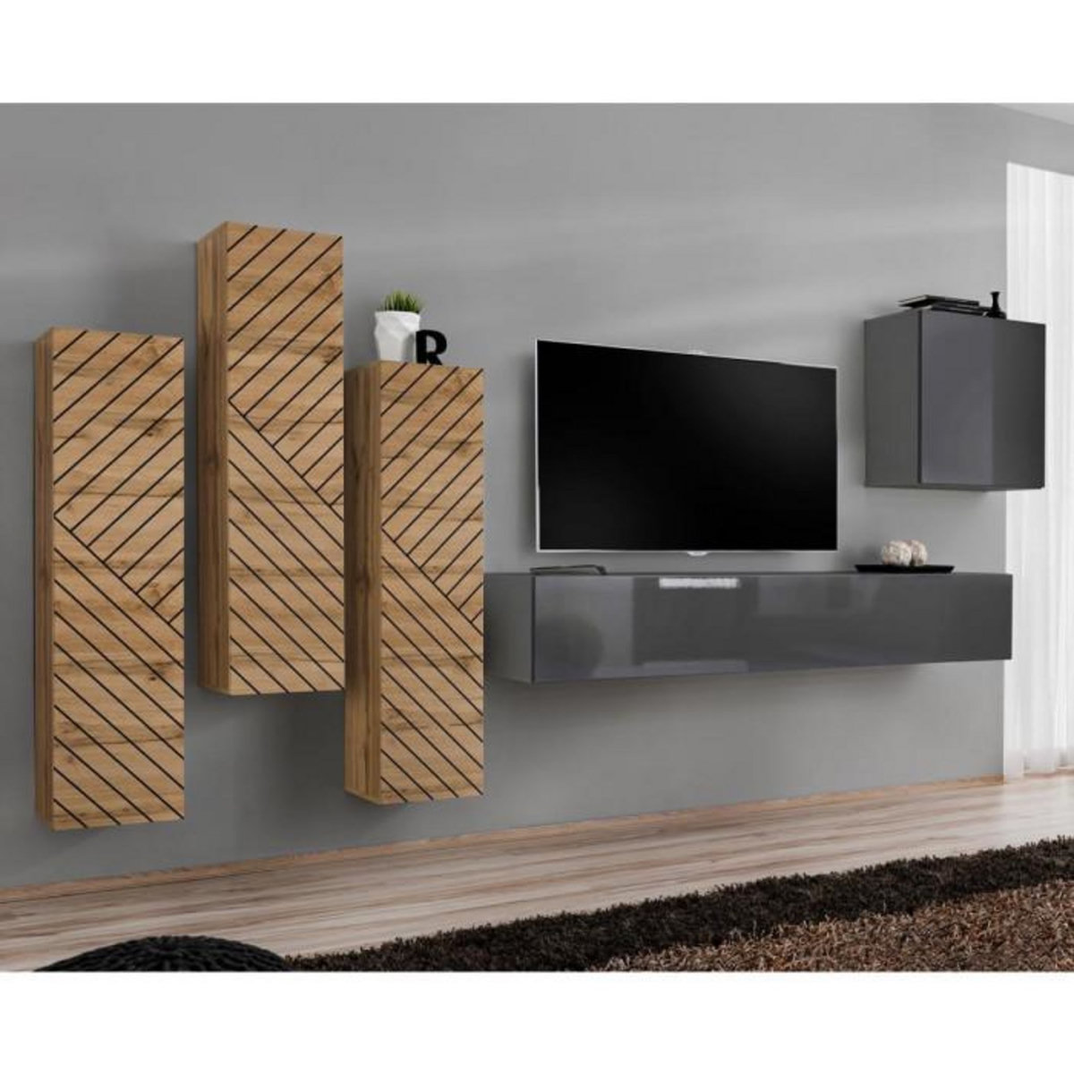 Paris Prix Ensemble Meuble TV  Switch Lamel III  330cm Gris & Naturel