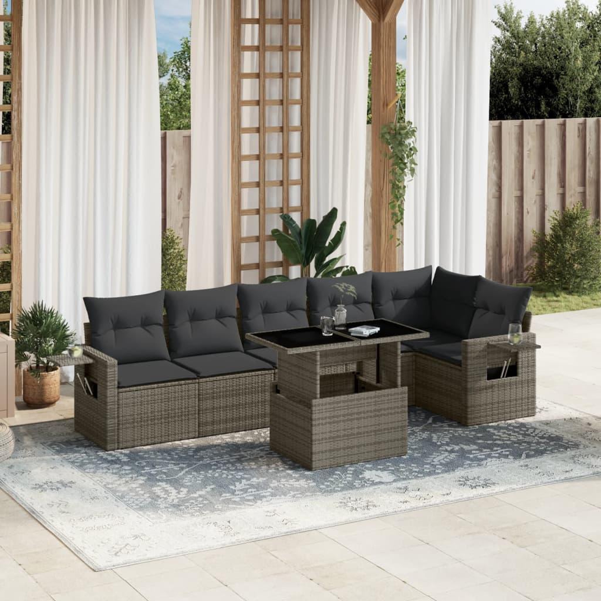 VIDAXL Salon de jardin avec coussins 7 pcs gris resine tressee