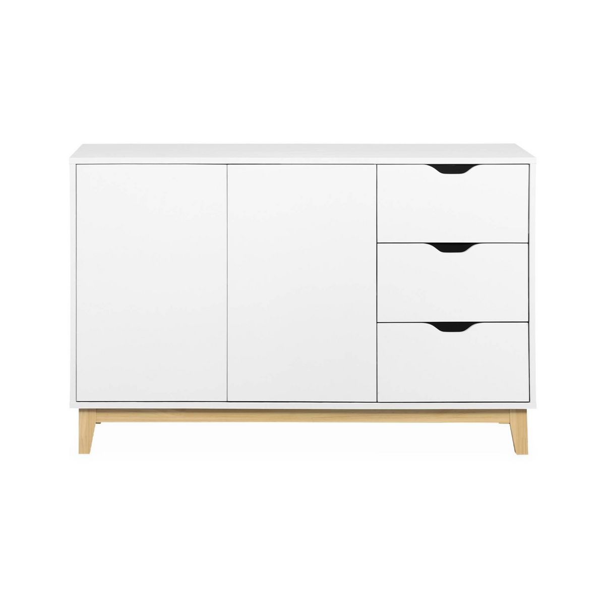 SWEEEK Buffet de rangement blanc. pieds bois - Floki - avec 3 tiroirs. buffet 2 portes. buffet bas. 120x40x75 cm