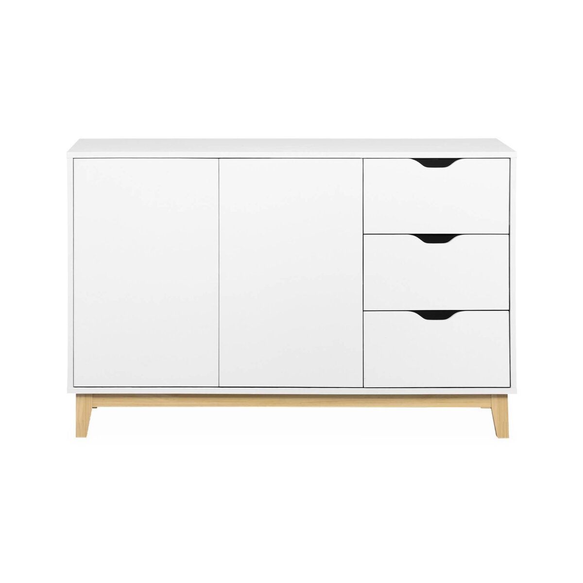 SWEEEK Buffet de rangement blanc. pieds bois - Floki - avec 3 tiroirs. buffet 2 portes. buffet bas. 120x40x75 cm