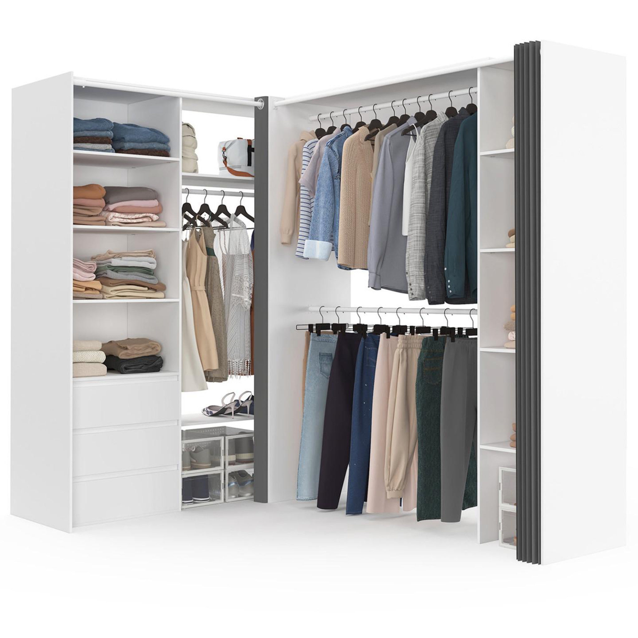 ID MARKET Dressing extensible d'angle marlon 200 x 150 x 180 cm cm blanc avec penderies + tiroirs + étagères + rideaux gris