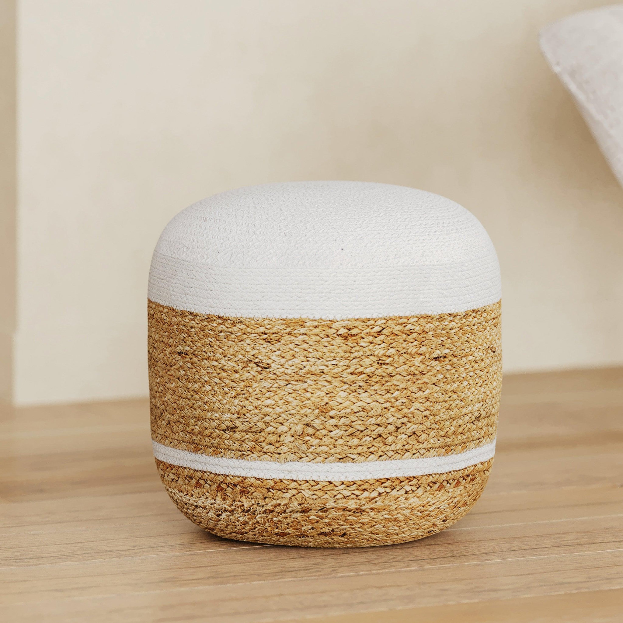 Voir la diapositive 2 : MAISON PAVANE Pouf rond en jute et blanc d40 cm-billy