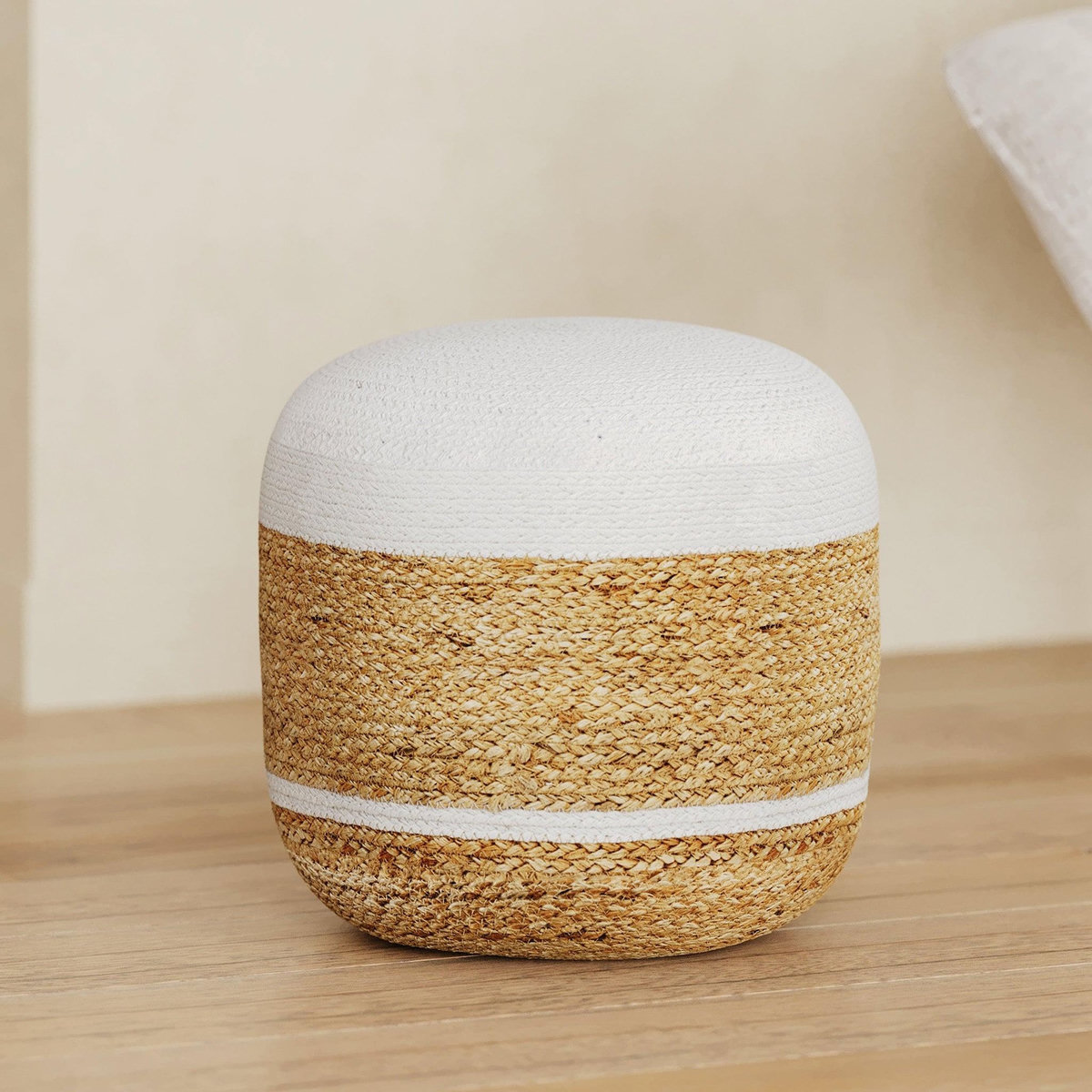 Rendez vous déco Pouf rond en jute et blanc D40 cm-Billy
