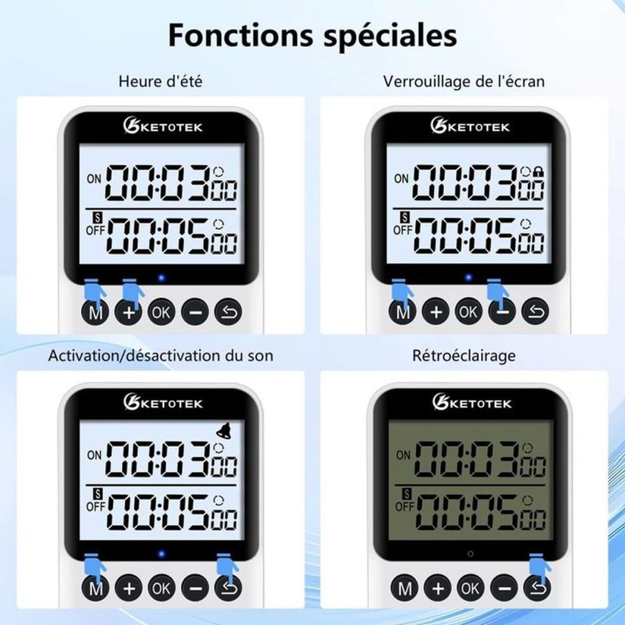Voir la diapositive 4 : Prise programmateur numérique KETOTEK avec minuteur digital, écran LCD rétroéclairé HD, 3 programmes On/Off, mode cycle et compte à rebours, pour usage intérieur, blanc