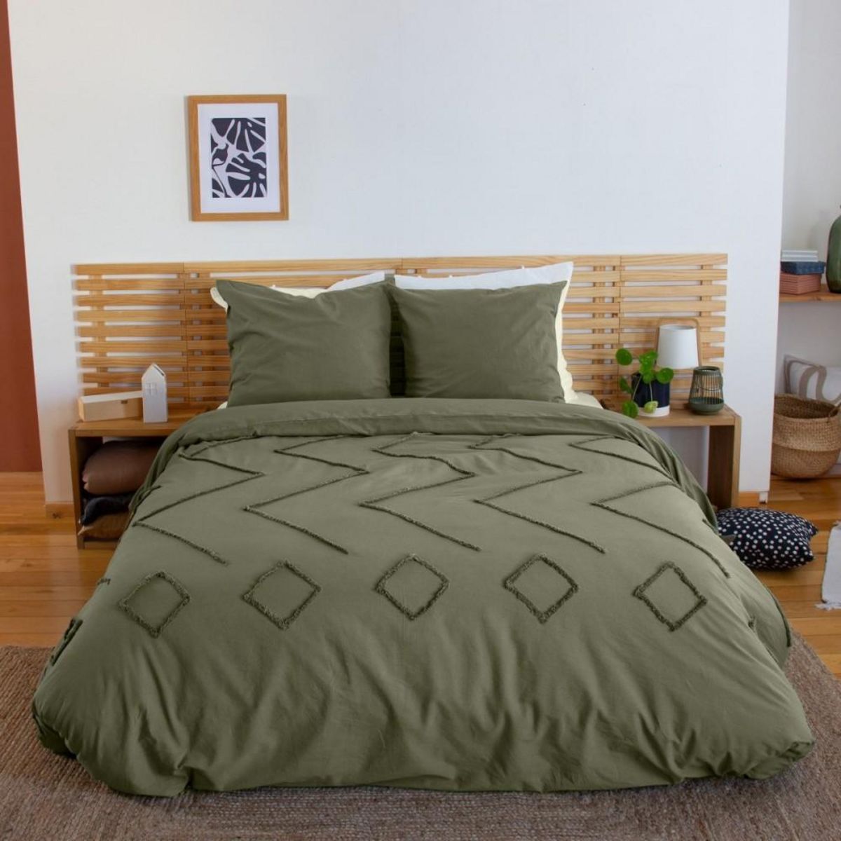 COTE DECO Housse de couette 260x240 KAYL + 2 taies 100% coton lavé 52 fils