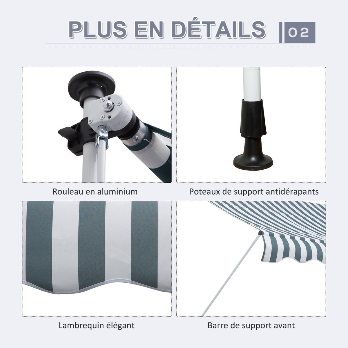 OUTSUNNY Store banne manuel rétractable 3L x 1,5l m inclinaison et hauteur réglable installation rapide métal alu polyester anti-UV vert blanc rayé