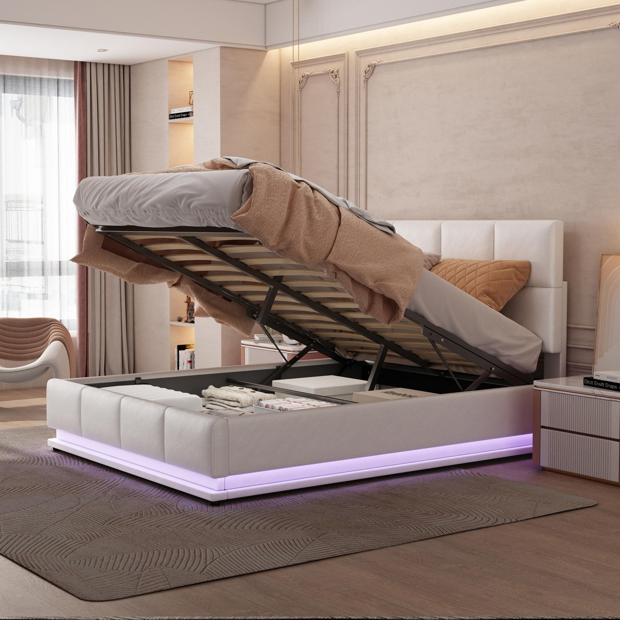 Voir la diapositive 2 : MERAX Lit coffre rembourré 140x200 cm coloris blanc led tissu