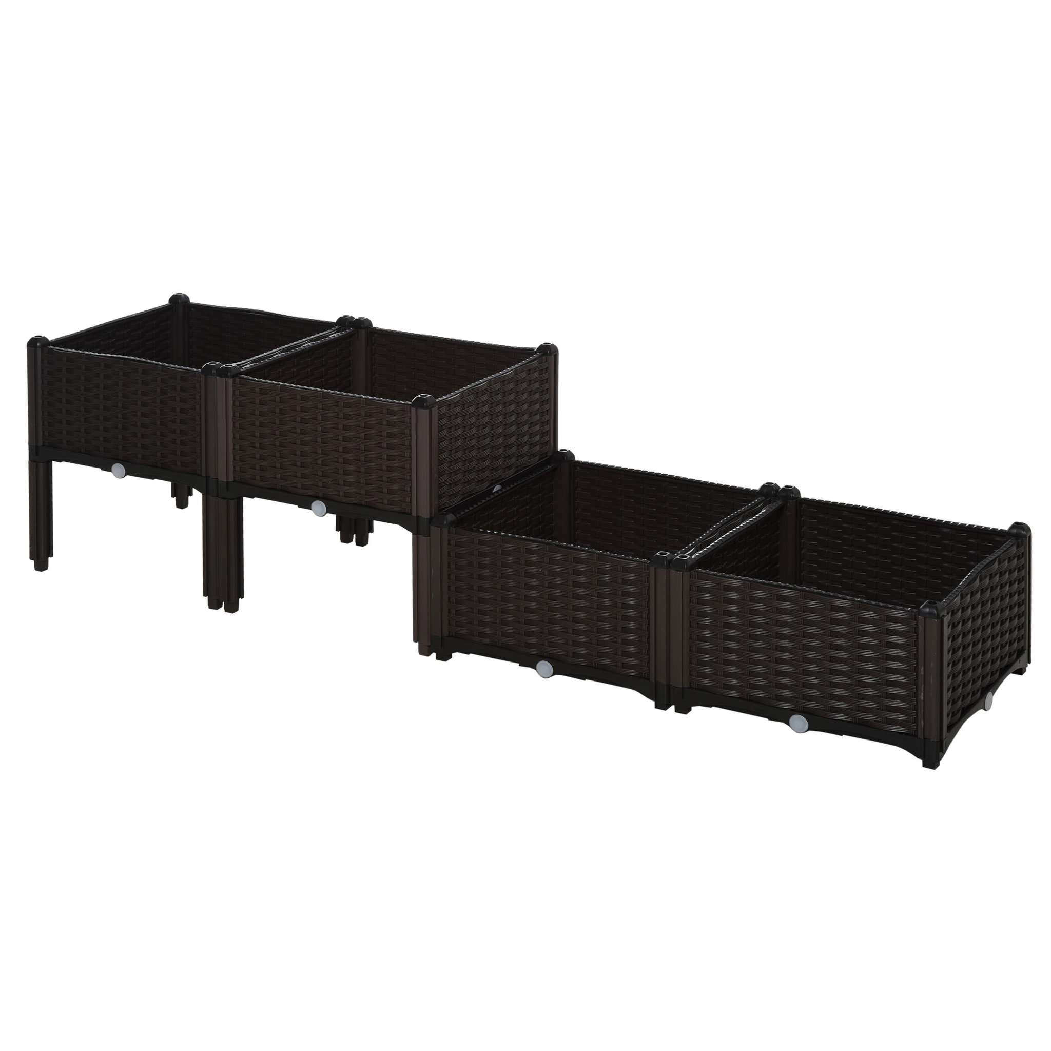 Voir la diapositive 4 : OUTSUNNY Jardinière sur pieds carré potager 2 étages dim. 80L x 80l x 44H cm insert d'irrigation plastique imitation rotin tressé chocolat